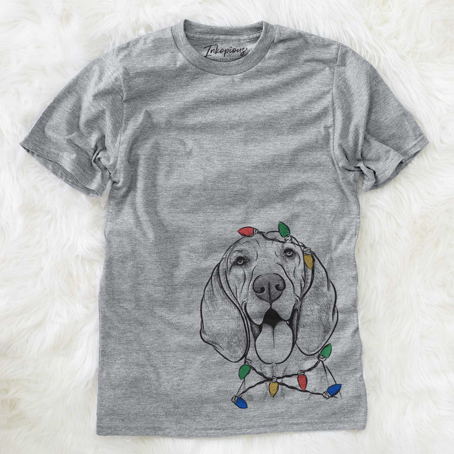 Hand-drawn sketch of Winston the Redbone Coonhound wrapped in Christmas lights on a Grey Unisex crewneck