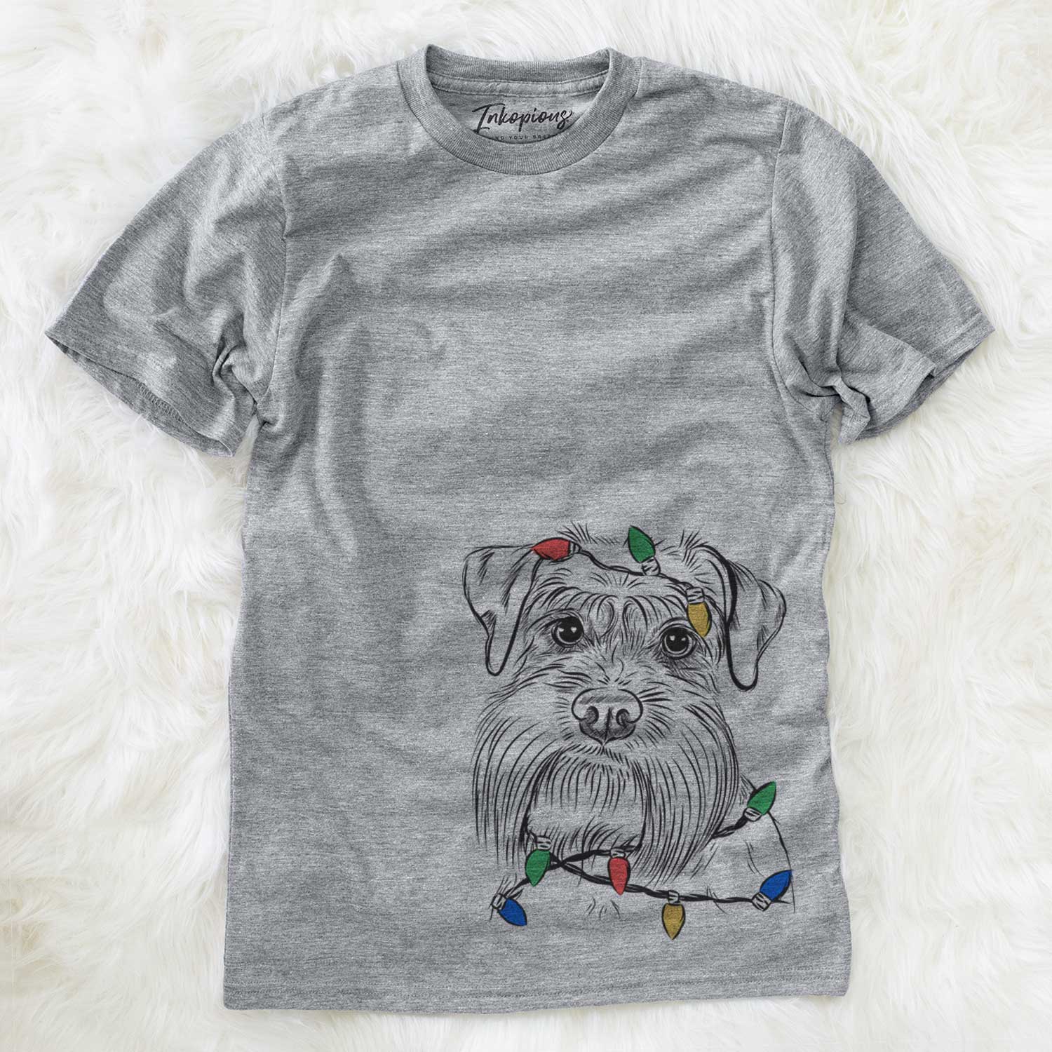 Hand-drawn sketch of Wrigley the Schnauzer wrapped in Christmas lights on a Grey Unisex crewneck