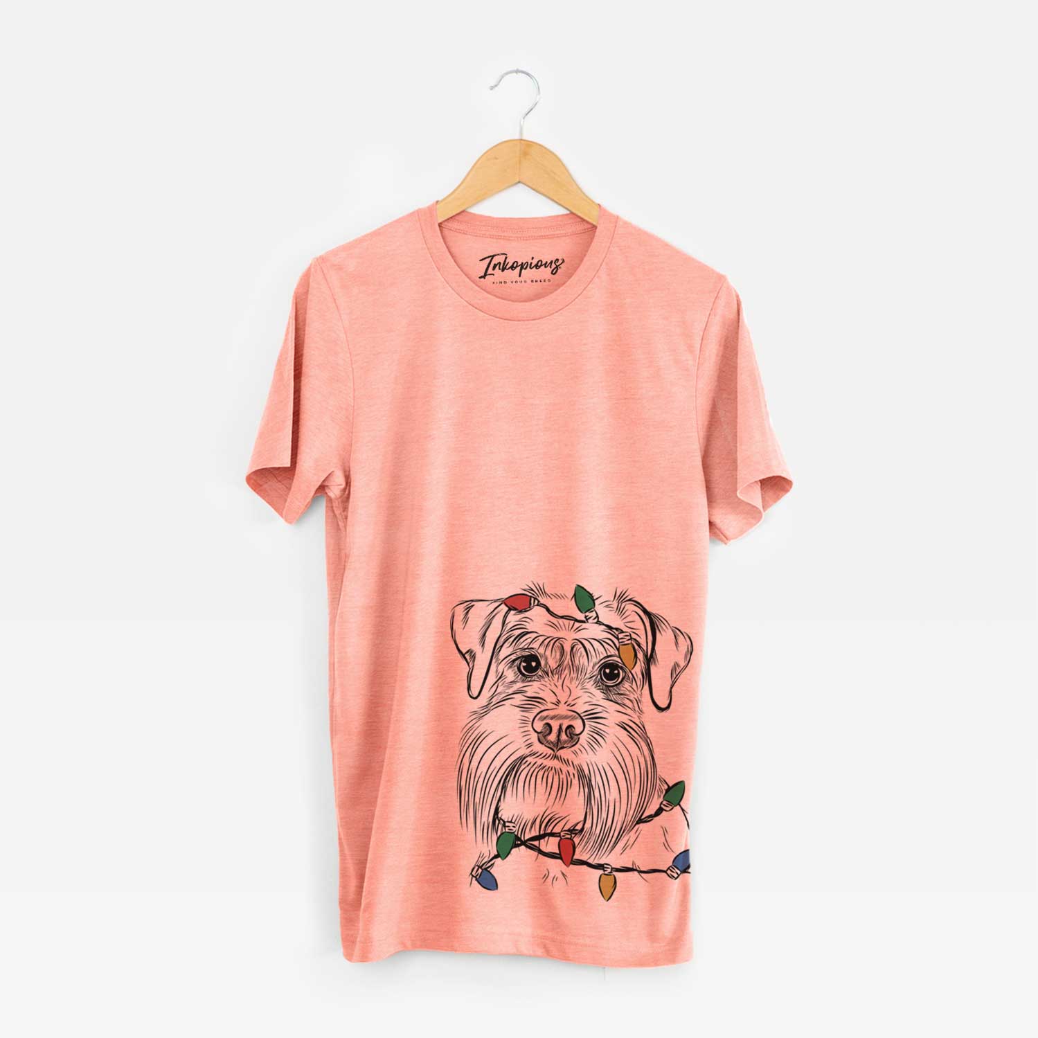 Hand-drawn sketch of Wrigley the Schnauzer wrapped in Christmas lights on a Sunset Unisex crewneck