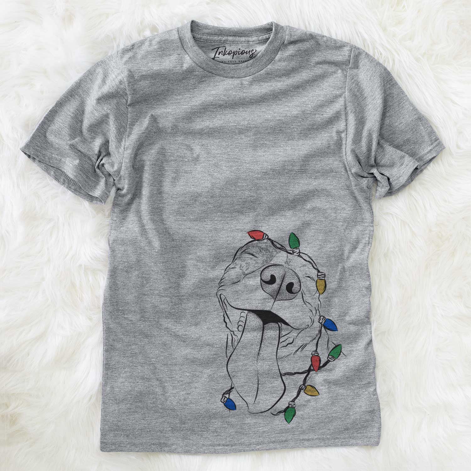 Hand-drawn sketch of Xena the American Staffordshire Terrier wrapped in Christmas lights on a Grey Unisex crewneck