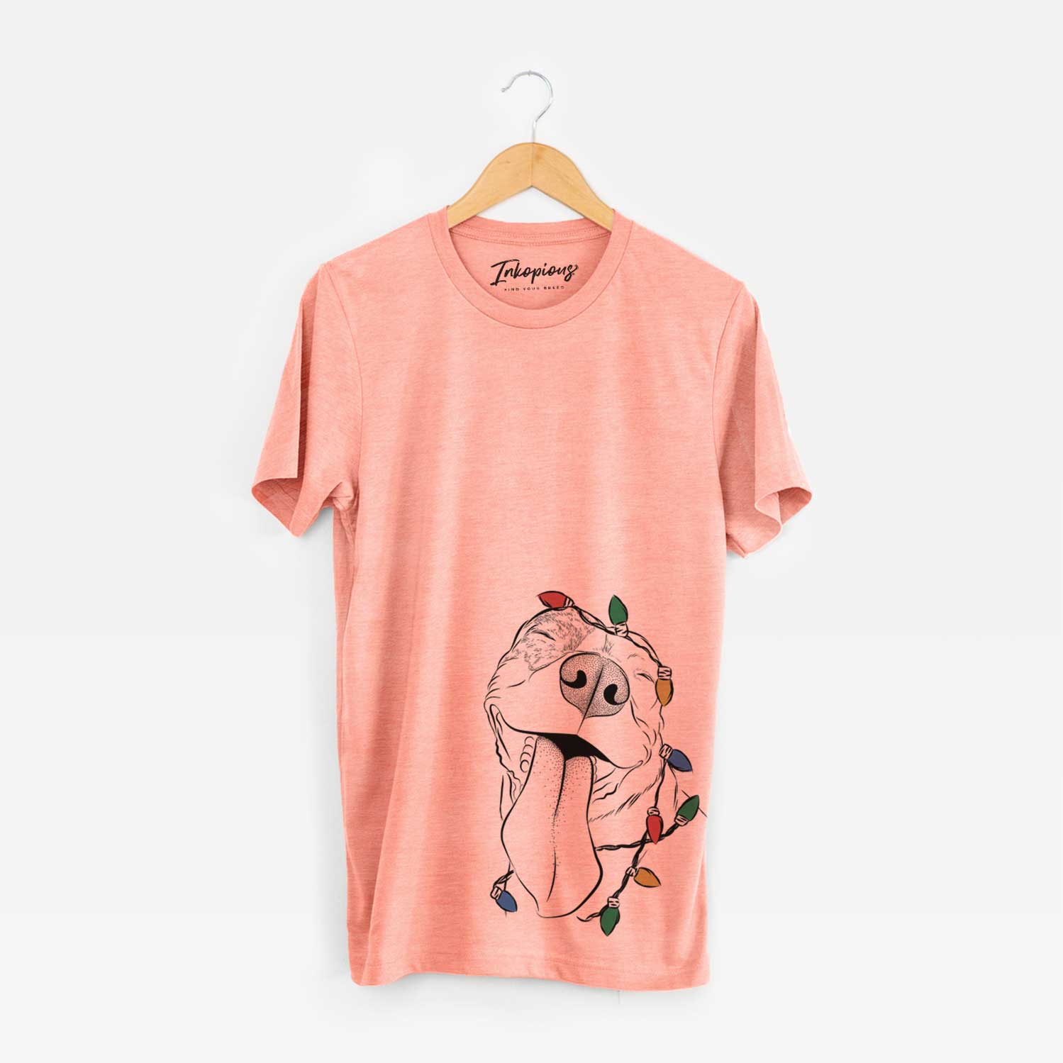 Hand-drawn sketch of Xena the American Staffordshire Terrier wrapped in Christmas lights on a Sunset Unisex crewneck