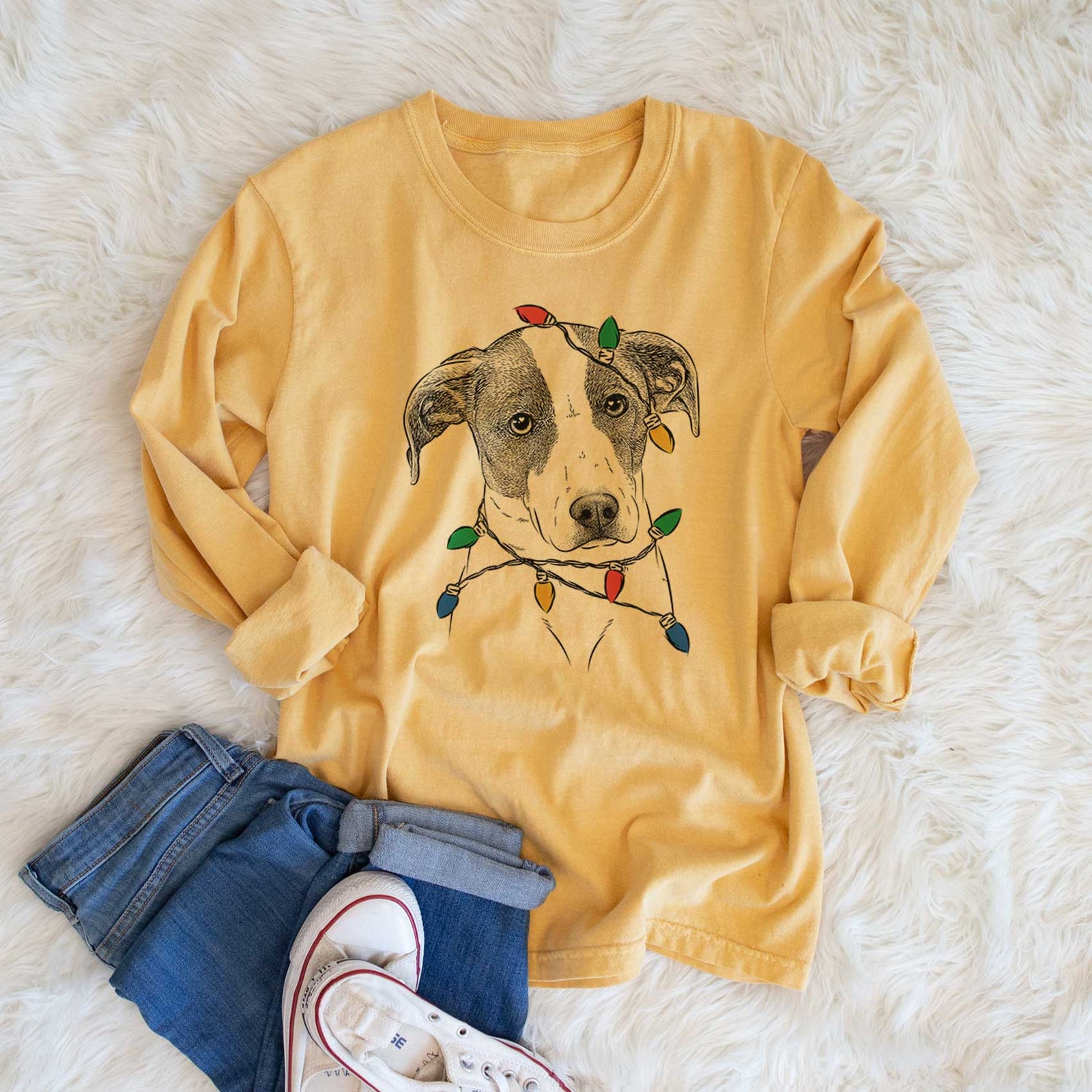 Christmas Lights Zephyr the Pointer Mix - Heavyweight 100% Cotton Long Sleeve