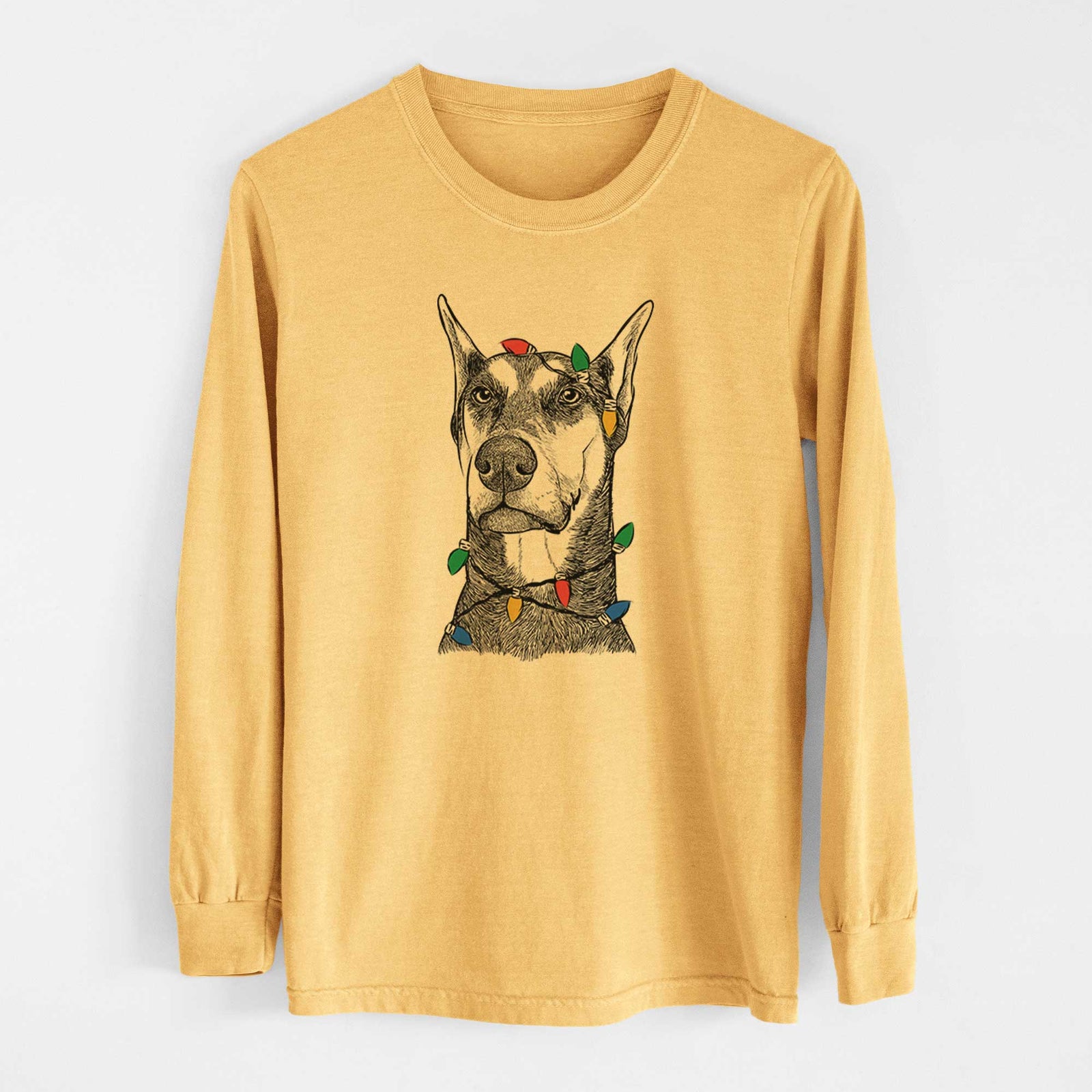 Christmas Lights Zeus the Doberman Pinscher - Heavyweight 100% Cotton Long Sleeve