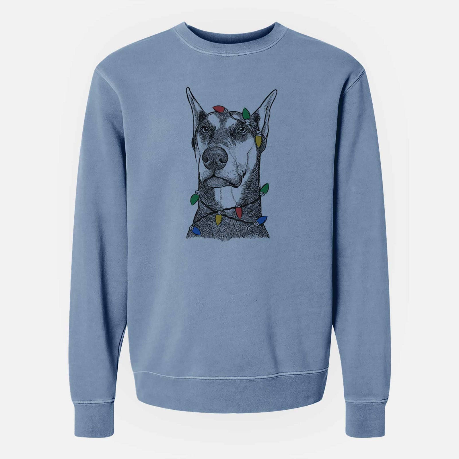 Christmas Lights Zeus the Doberman Pinscher - Unisex Pigment Dyed Crew Sweatshirt