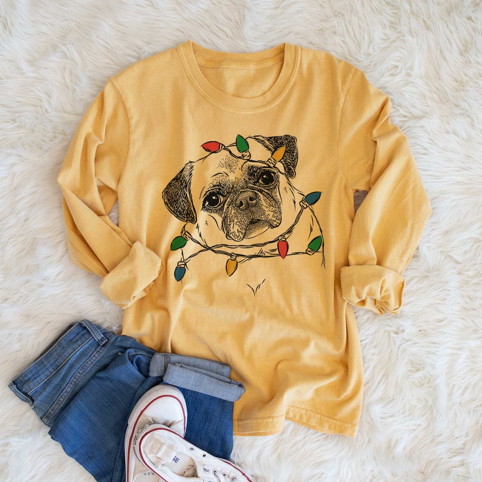 Christmas Lights Zoey the Pug - Heavyweight 100% Cotton Long Sleeve