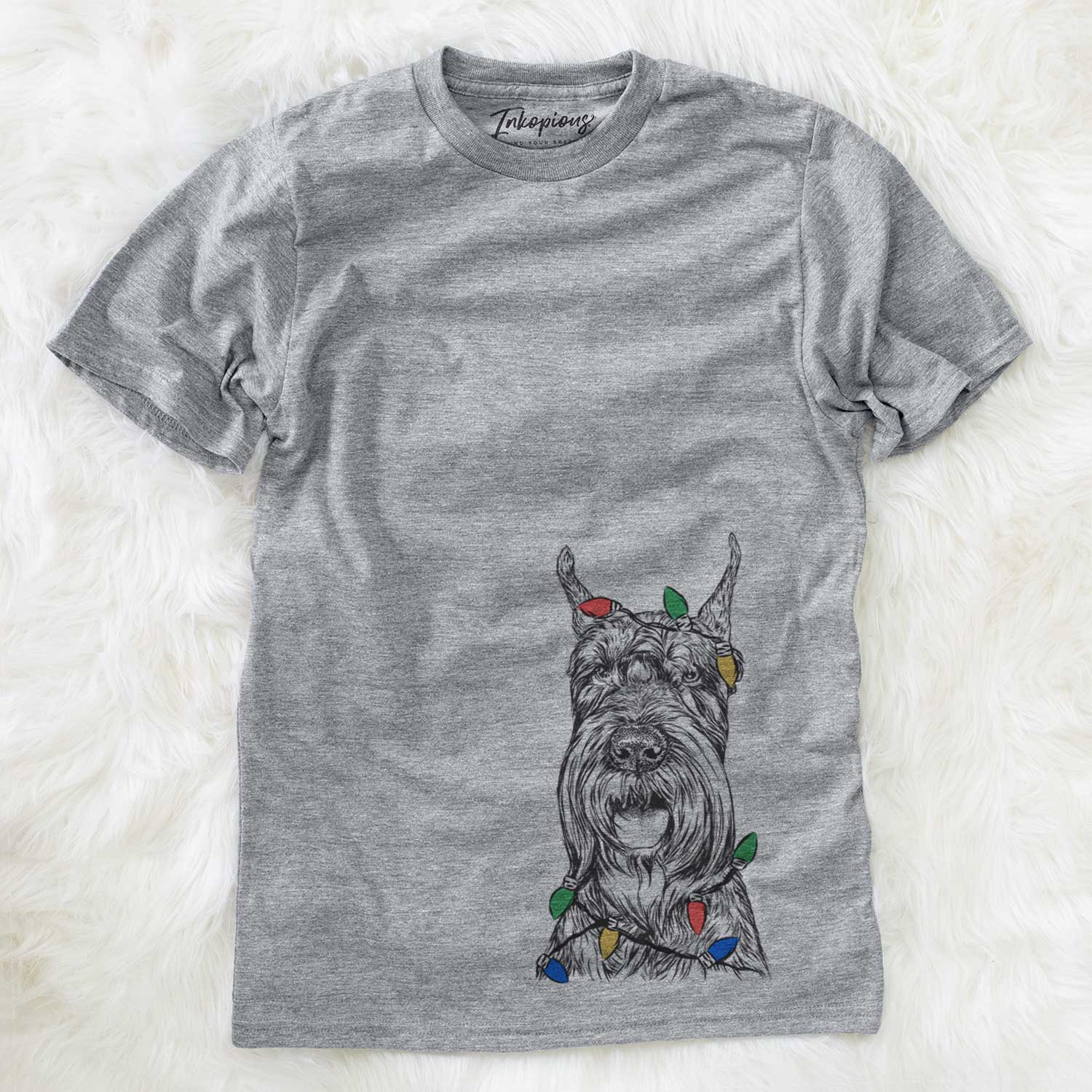 Hand-drawn sketch of Zuri the Giant Schnauzer wrapped in Christmas lights on a Grey Unisex crewneck