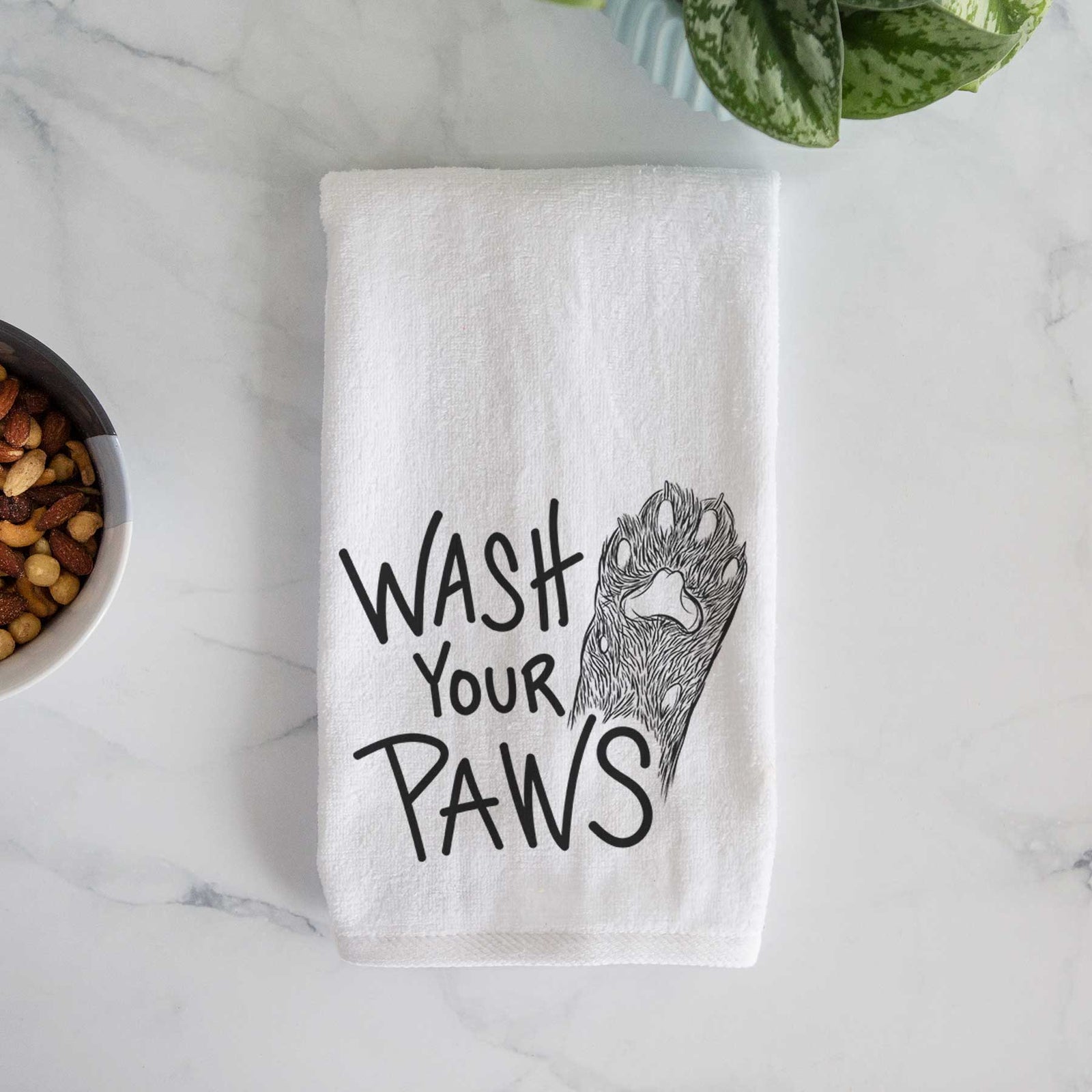 'Wash Your Paws Cat Edition' design on a decorative hand towel