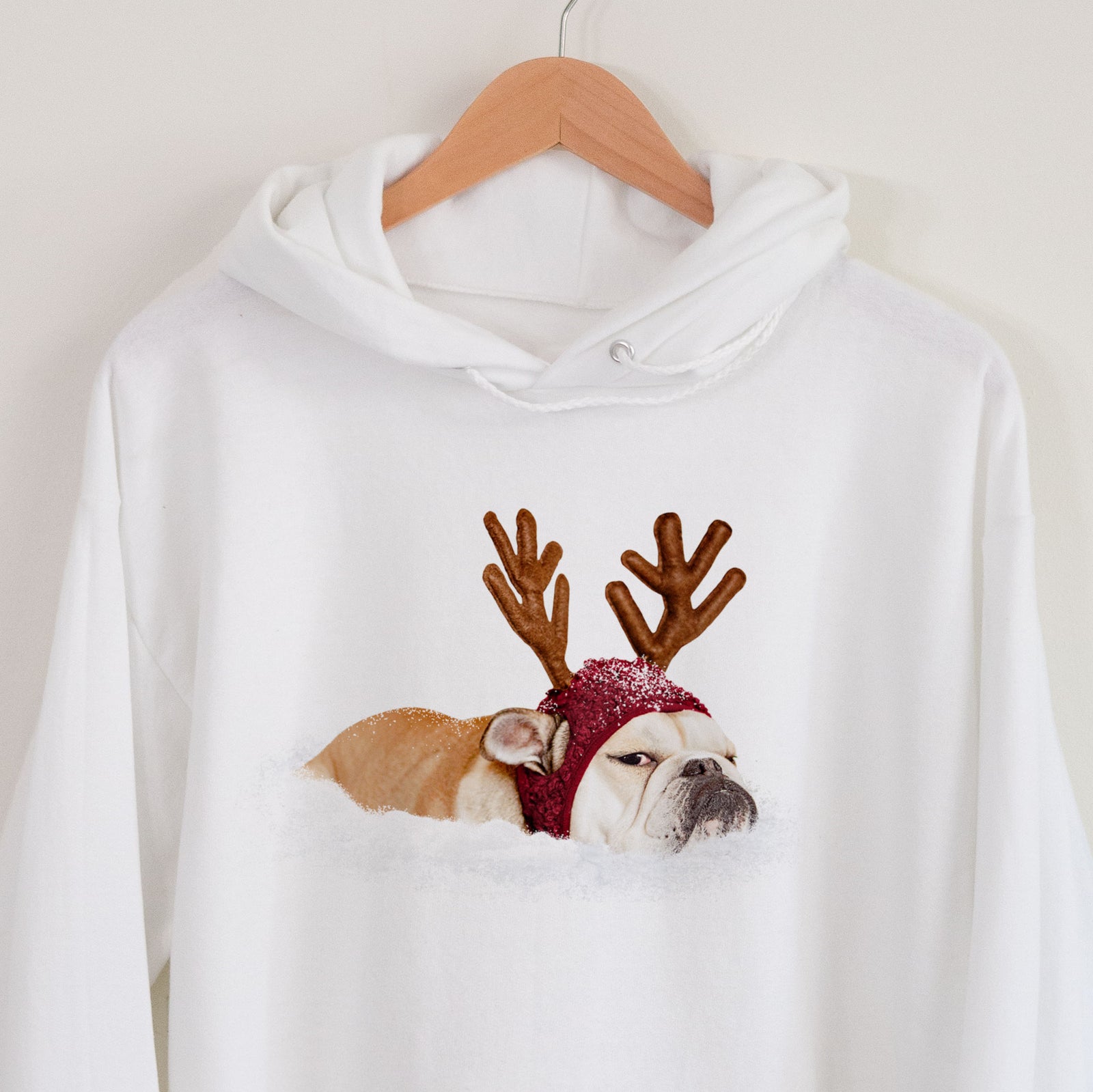 'LIMITED EDITION' design on a grumpy reindeer bulldog
