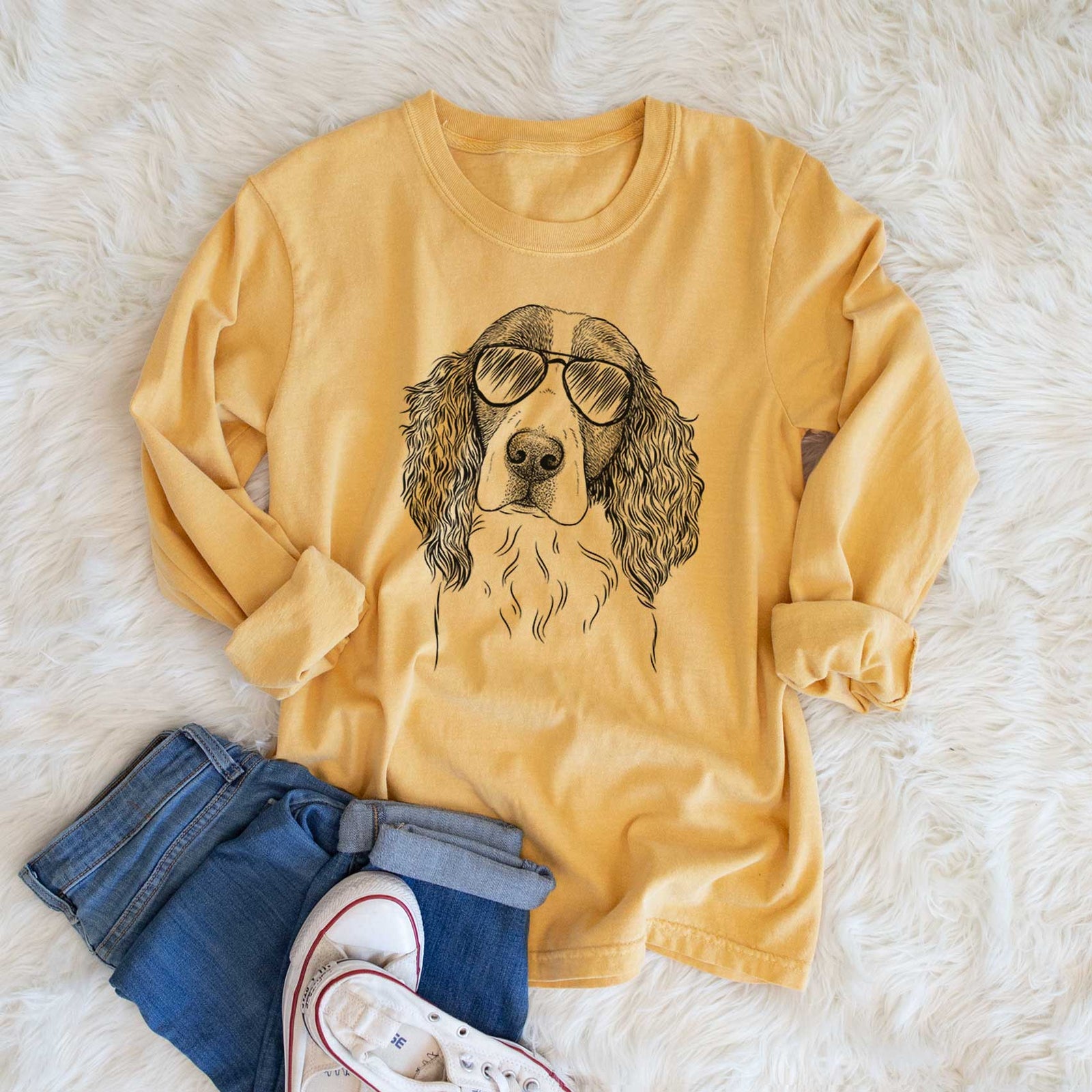 Aviator Annie the English Springer Spaniel - Men's Heavyweight 100% Cotton Long Sleeve