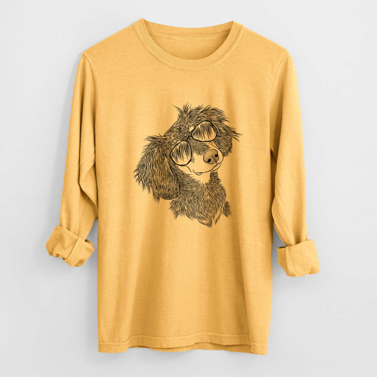 Aviator Bailey the Long Haired Dachshund - Men's Heavyweight 100% Cotton Long Sleeve