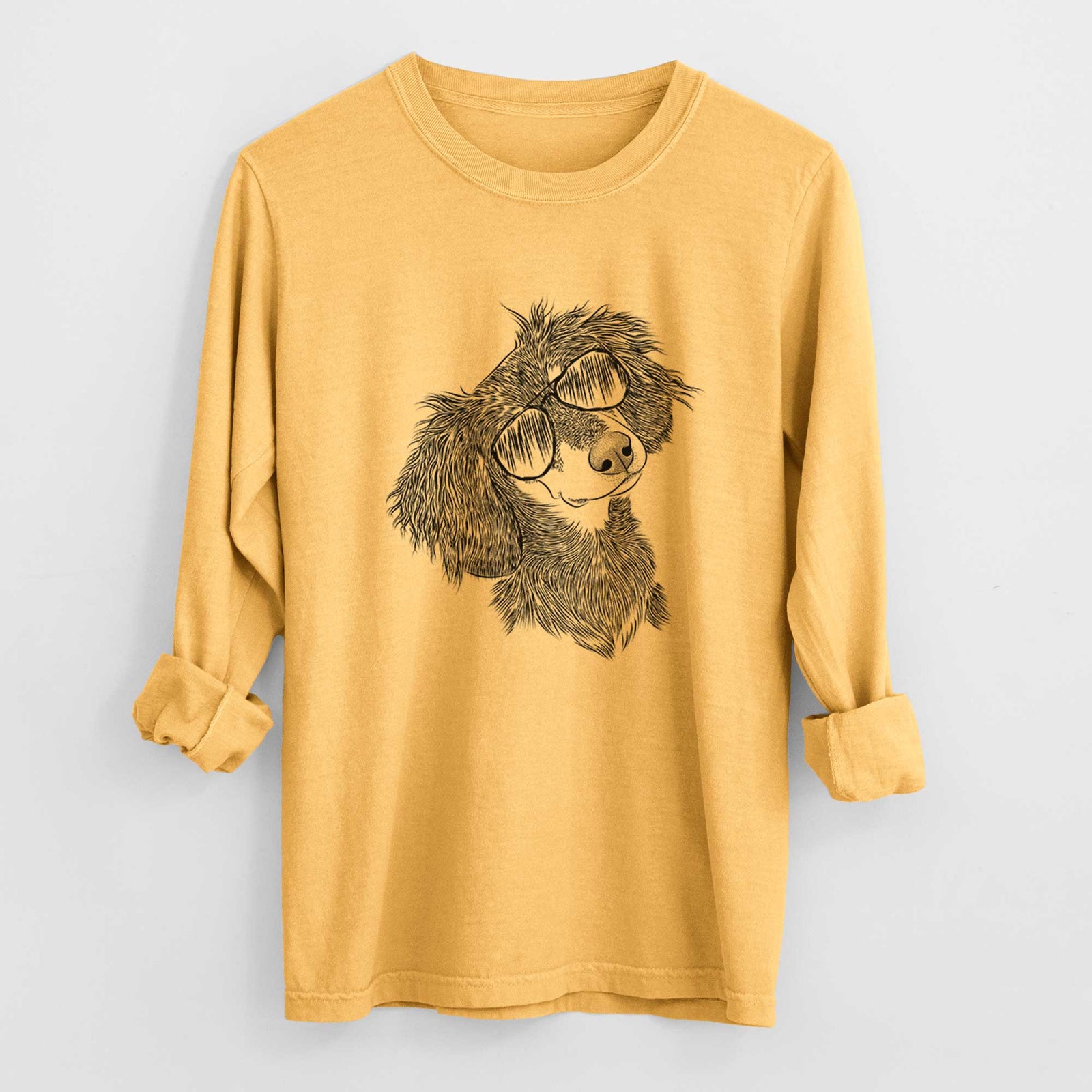 Aviator Bailey the Long Haired Dachshund - Men's Heavyweight 100% Cotton Long Sleeve