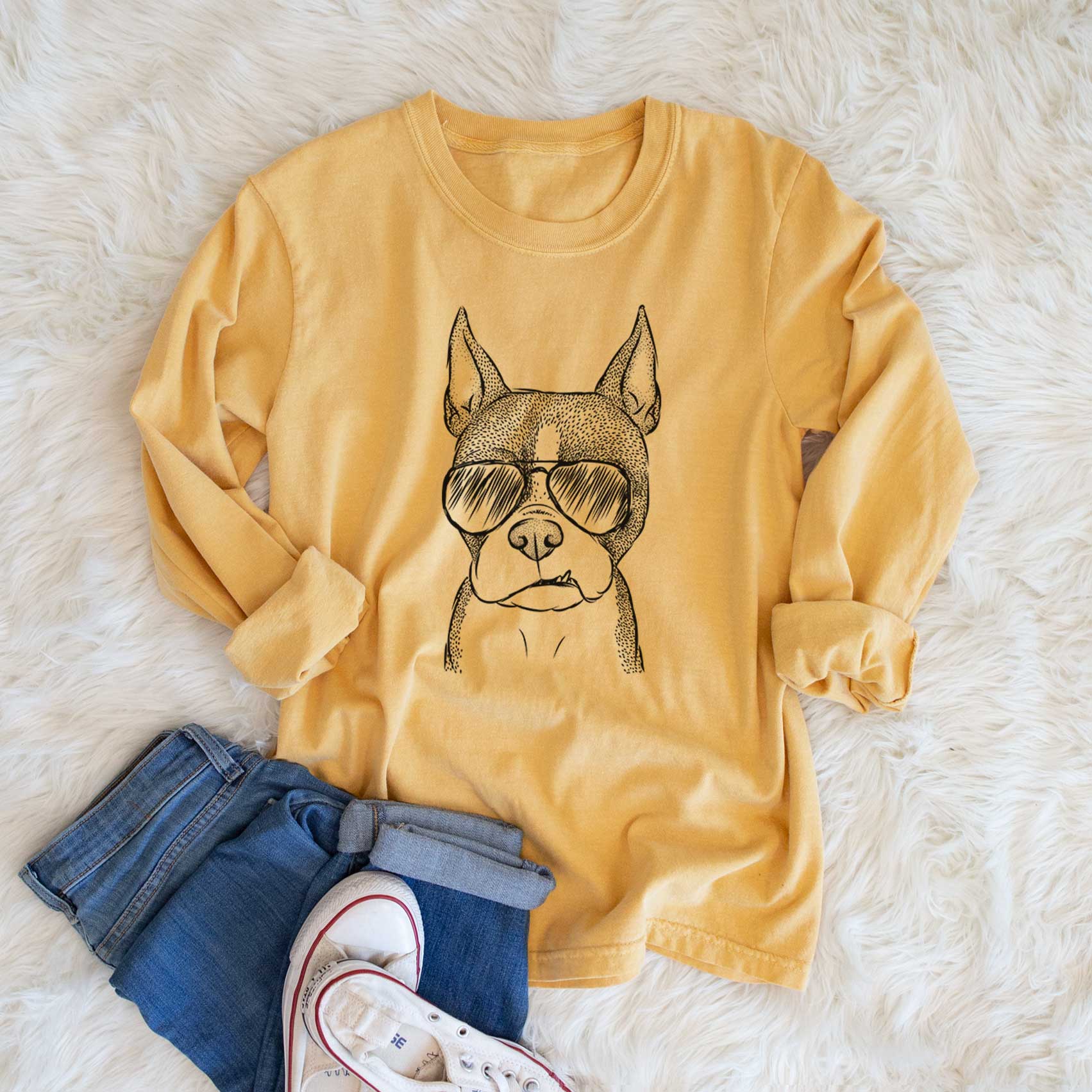 Aviator Bean the Boston Terrier - Men's Heavyweight 100% Cotton Long Sleeve