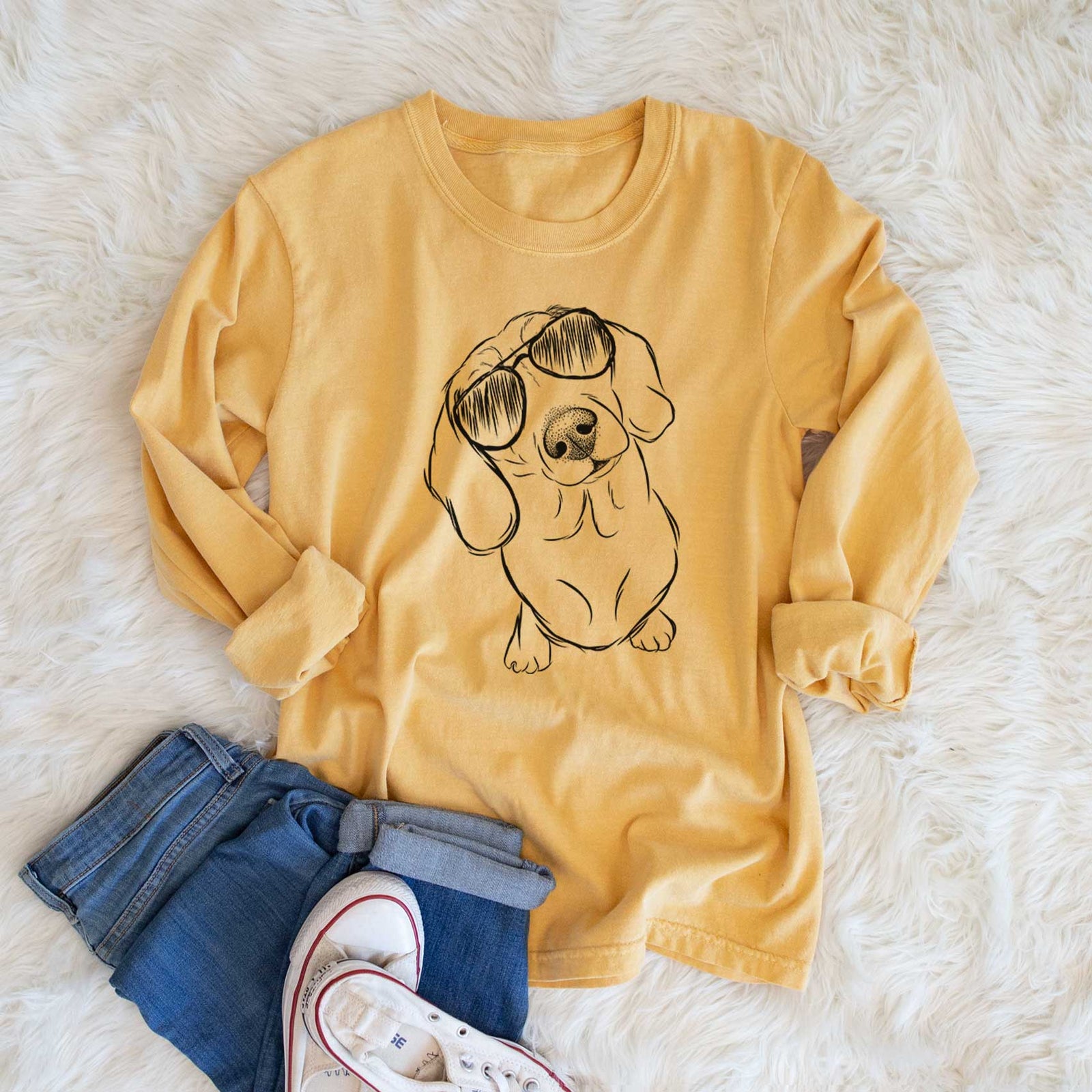 Aviator Bill the Dachshund - Men's Heavyweight 100% Cotton Long Sleeve