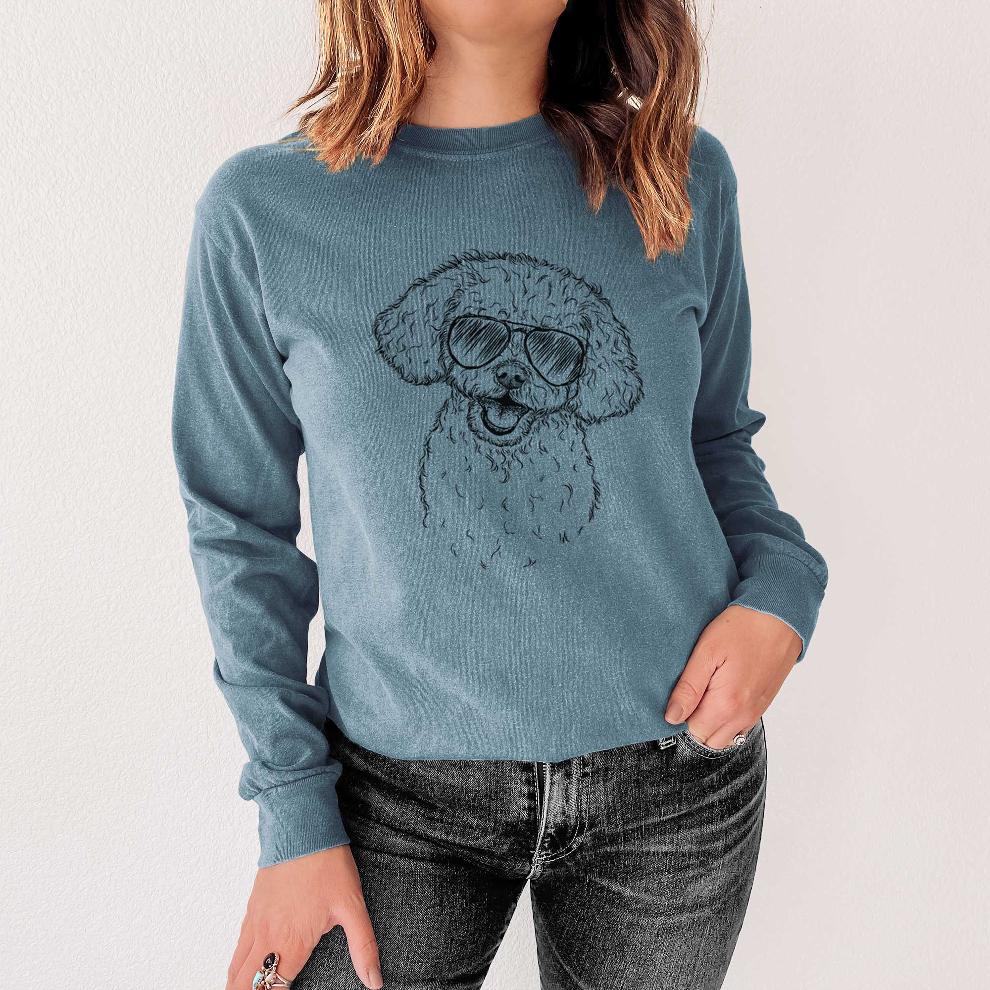 Aviator Caesar the Bichon Frise - Men's Heavyweight 100% Cotton Long Sleeve