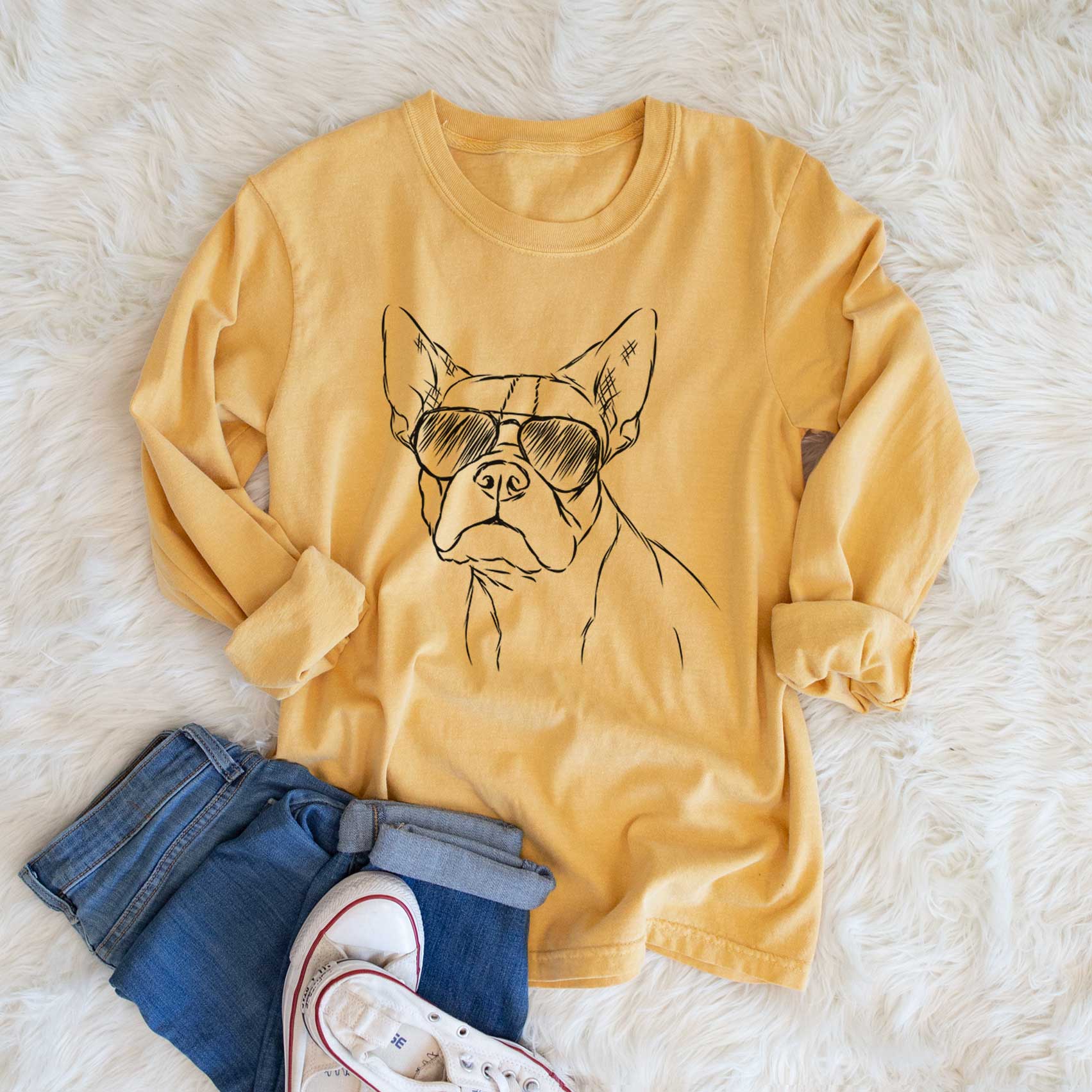 Aviator Charles the Boston Terrier - Men's Heavyweight 100% Cotton Long Sleeve