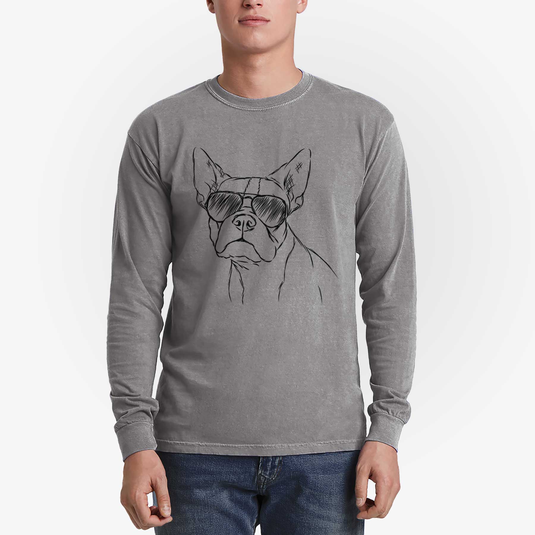 Aviator Charles the Boston Terrier - Men's Heavyweight 100% Cotton Long Sleeve