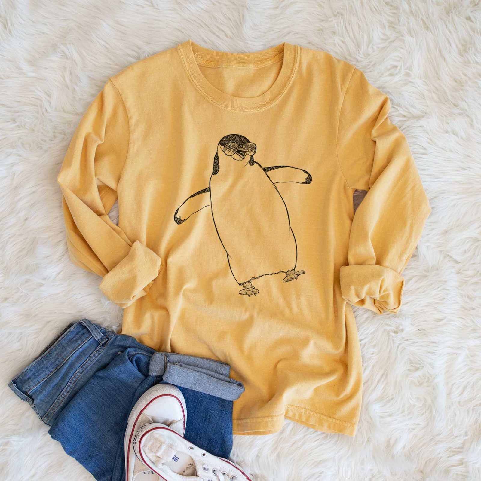 Aviator Chive the Chinstrap Penguin - Men's Heavyweight 100% Cotton Long Sleeve