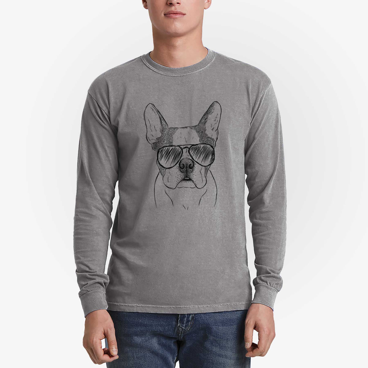 Aviator Chocolate Chip the Boston Terrier - Men's Heavyweight 100% Cotton Long Sleeve