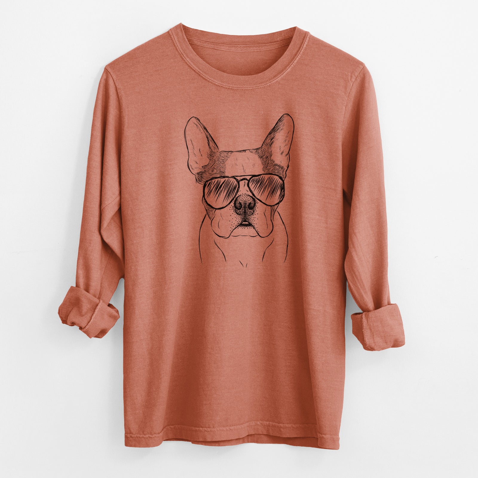 Aviator Chocolate Chip the Boston Terrier - Men's Heavyweight 100% Cotton Long Sleeve