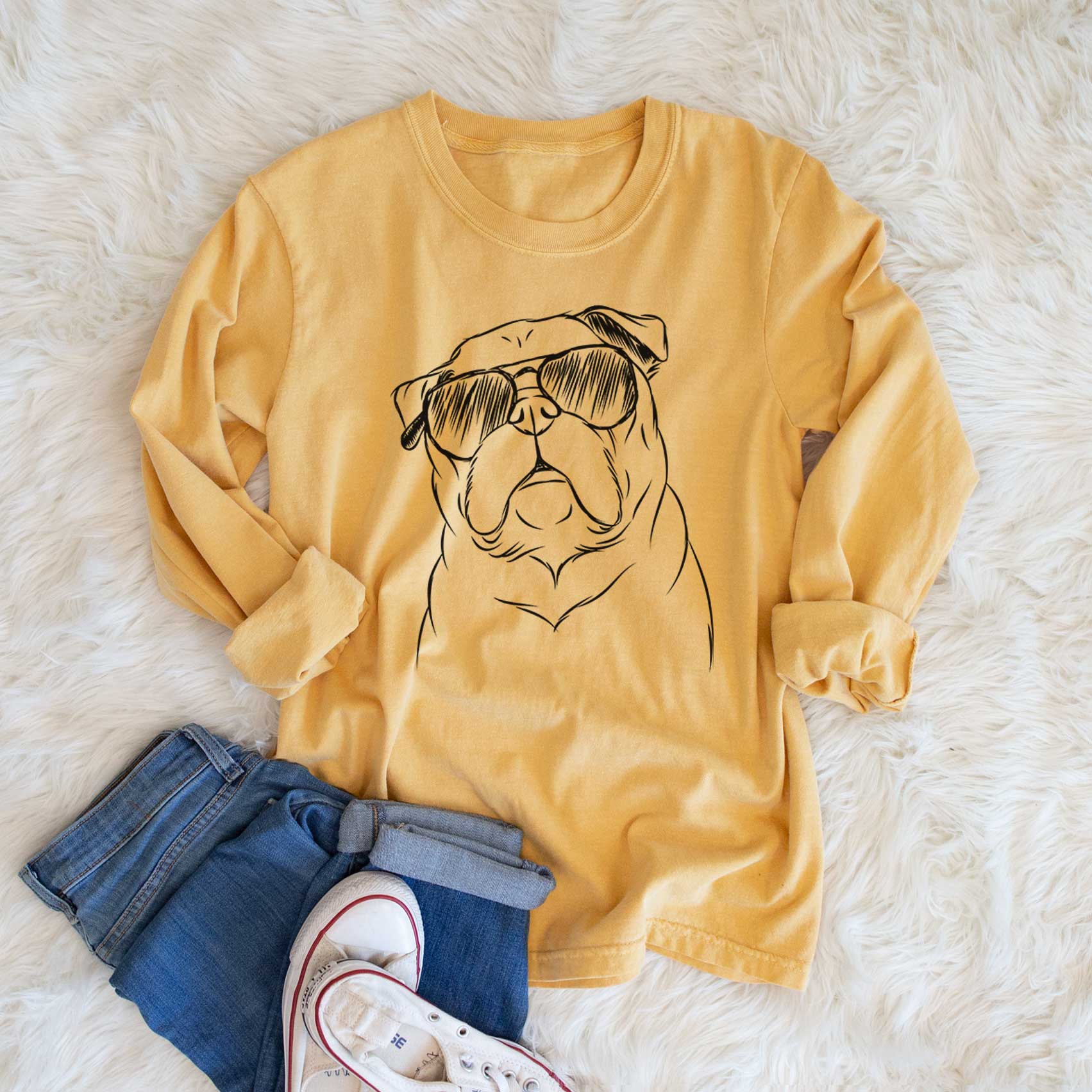 Aviator Darling Chloe the Pug - Men's Heavyweight 100% Cotton Long Sleeve