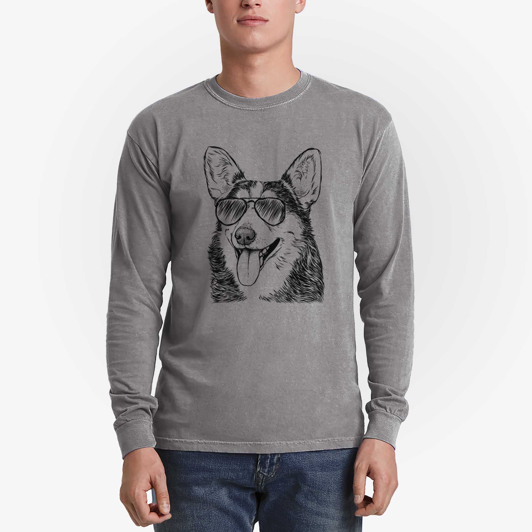 Aviator Darma the Corgi - Men's Heavyweight 100% Cotton Long Sleeve