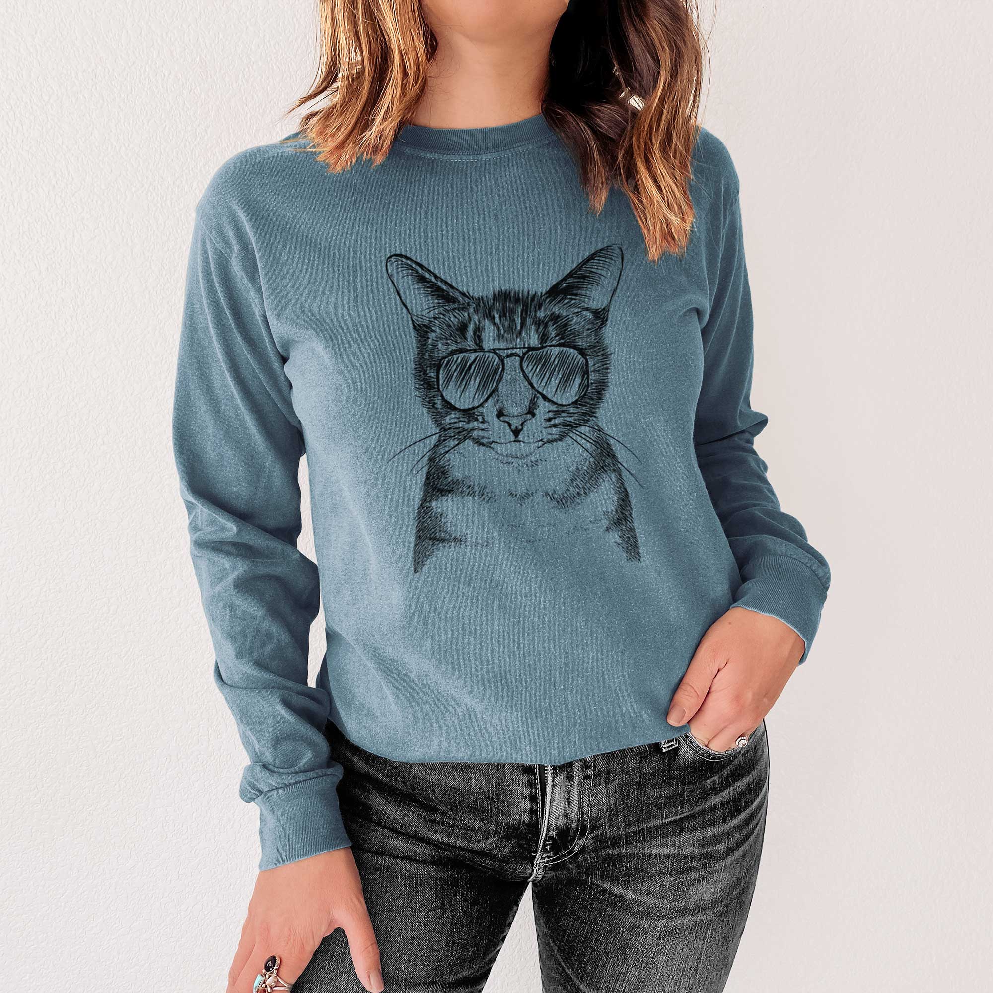 Aviator Hobbes the Tabby Cat - Men's Heavyweight 100% Cotton Long Sleeve