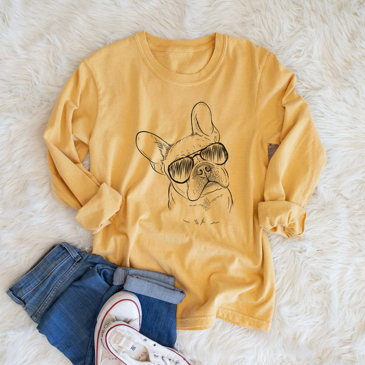 Aviator Loki the French Bulldog - Men's Heavyweight 100% Cotton Long Sleeve