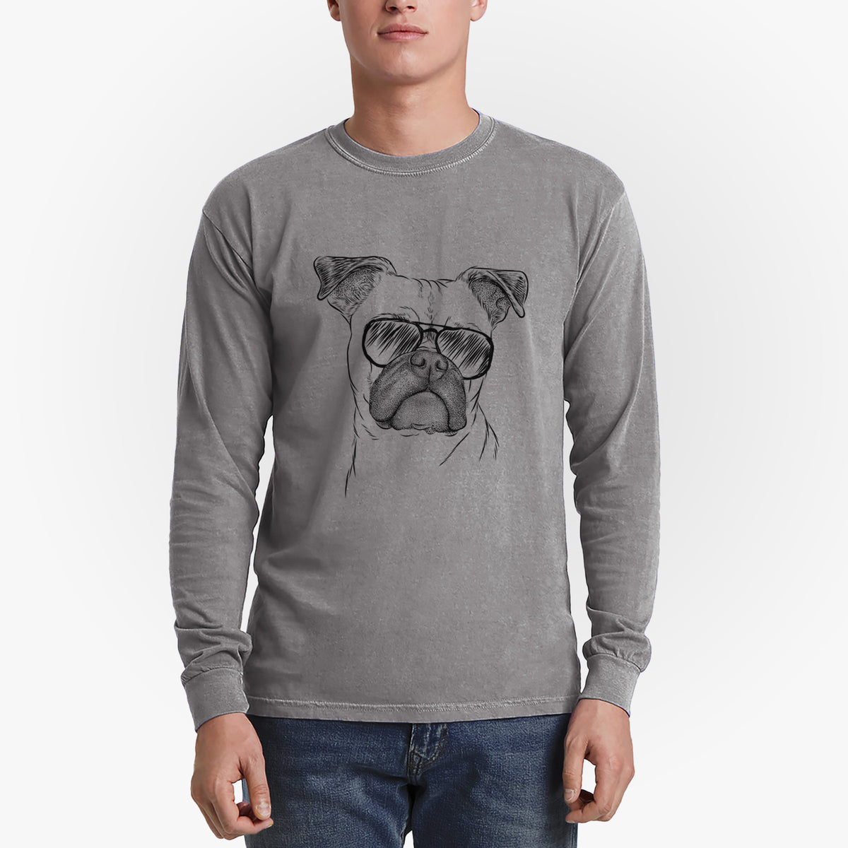 Aviator Mack the Bugg (Boston Terrier/Pug) - Men's Heavyweight 100% Cotton Long Sleeve