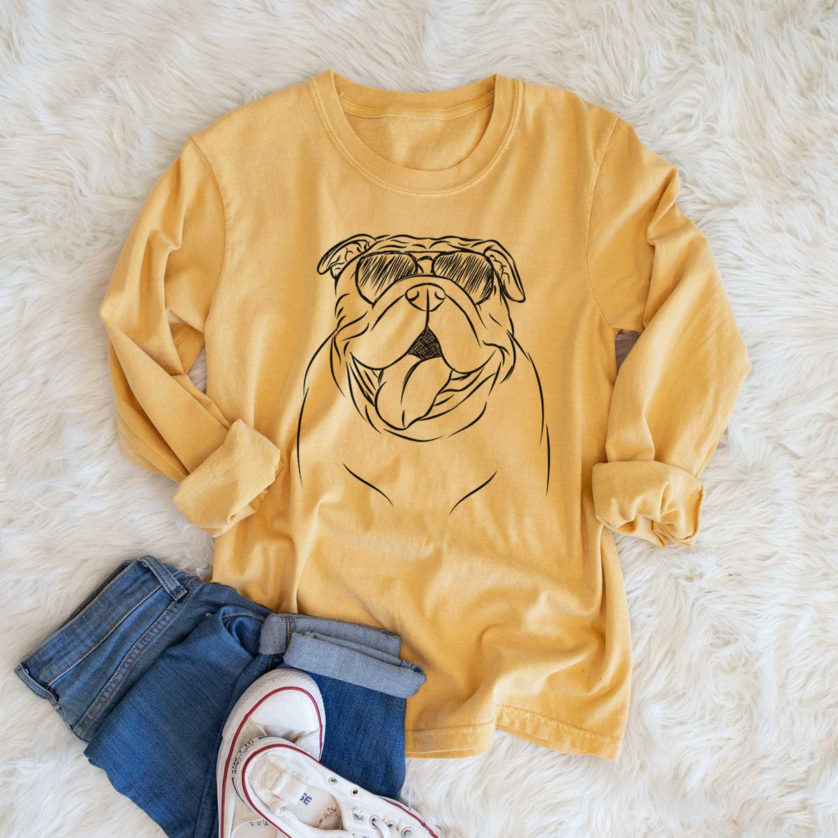 Aviator Missy Moo the English Bulldog - Men's Heavyweight 100% Cotton Long Sleeve