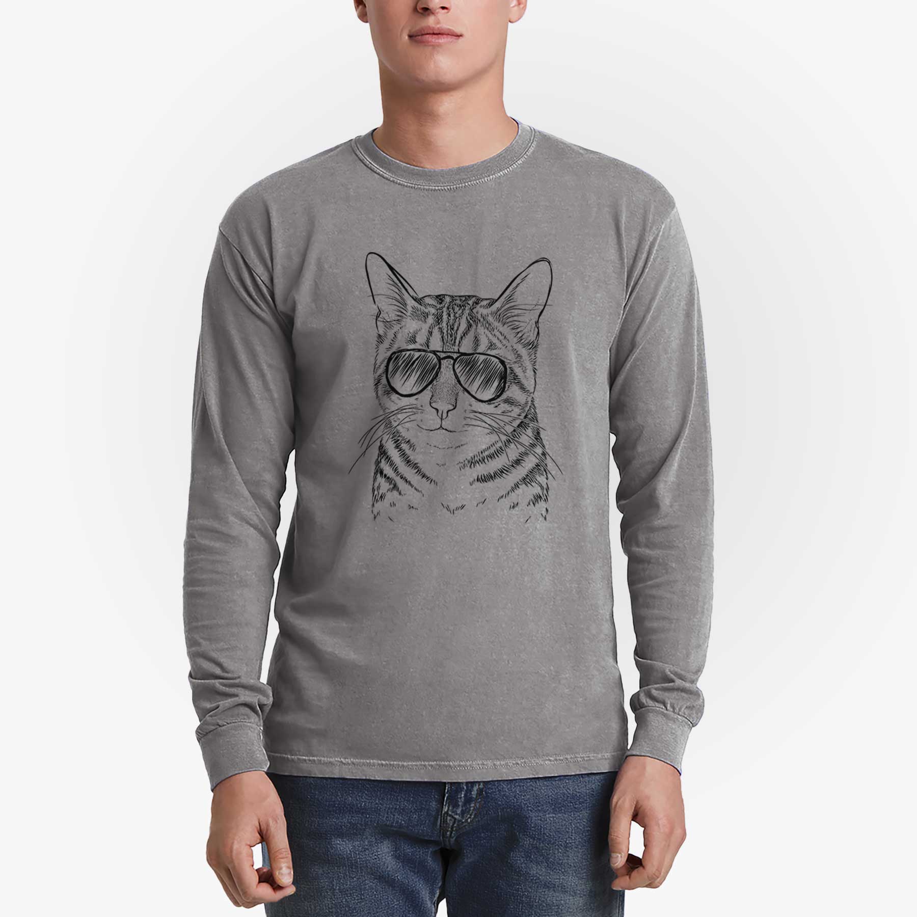 Aviator Nell the Tabby Cat - Men's Heavyweight 100% Cotton Long Sleeve