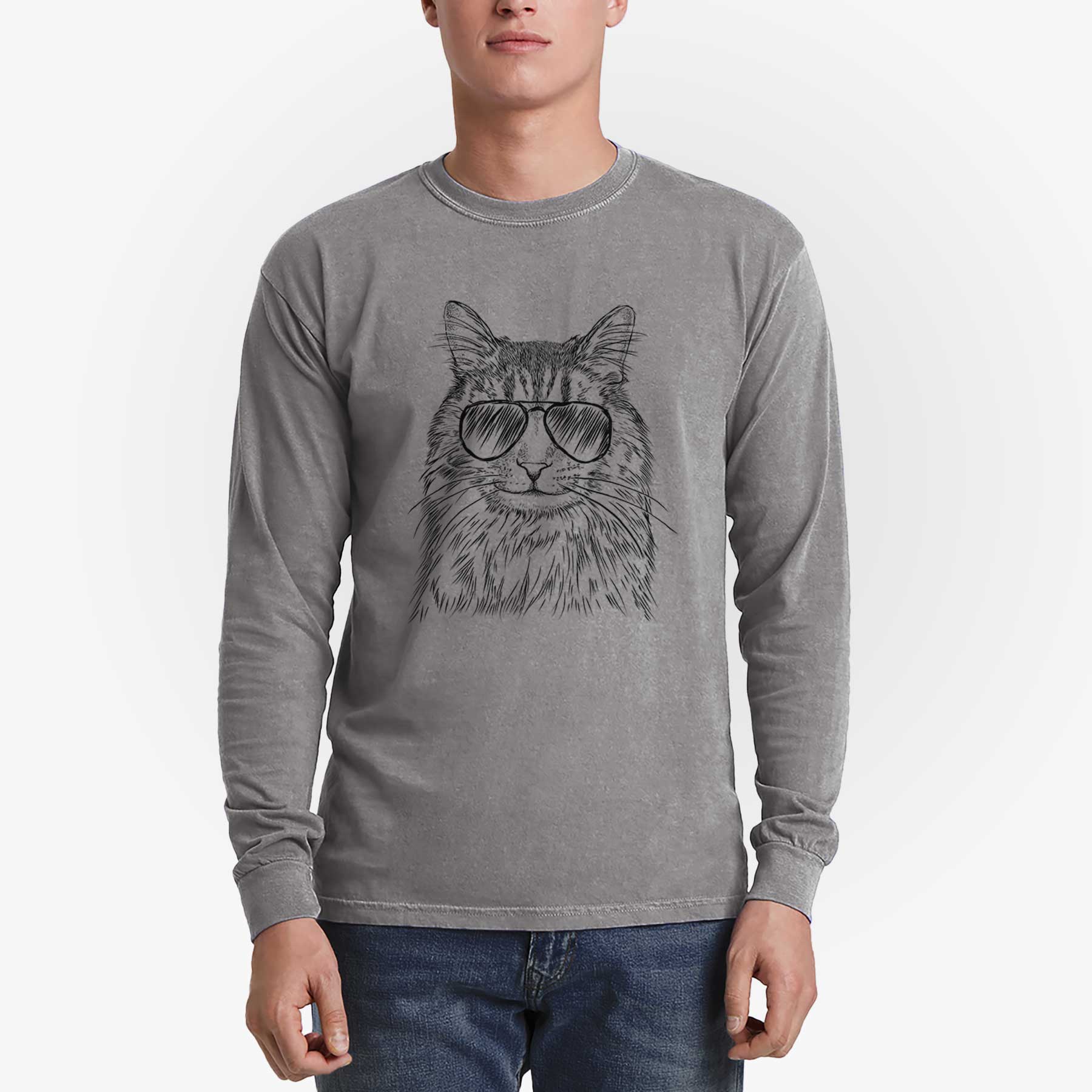 Aviator Oliver Fluff the Maine Coon Mix Cat - Men's Heavyweight 100% Cotton Long Sleeve