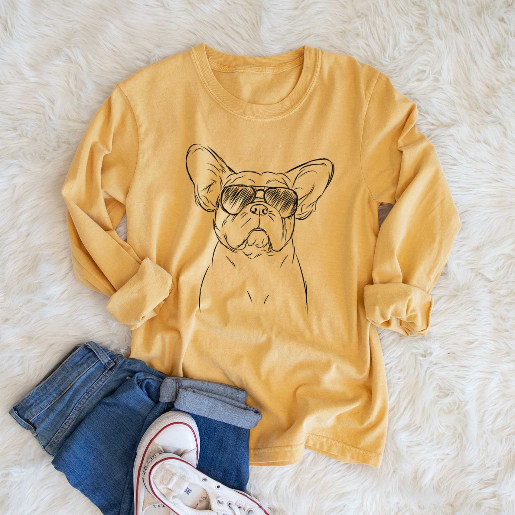 Aviator Pierre the French Bulldog - Men's Heavyweight 100% Cotton Long Sleeve