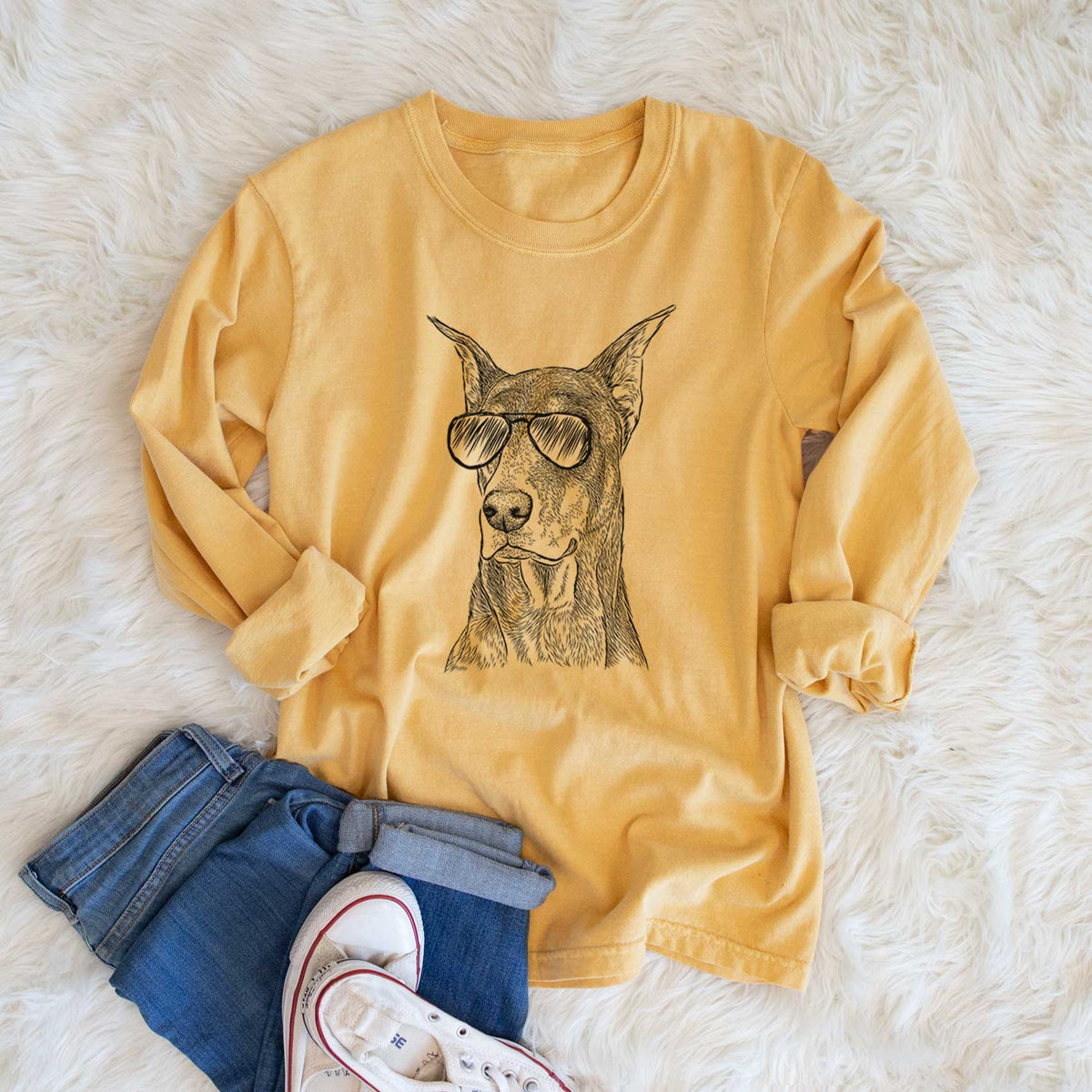 Aviator RJ the Doberman Pinscher - Men's Heavyweight 100% Cotton Long Sleeve