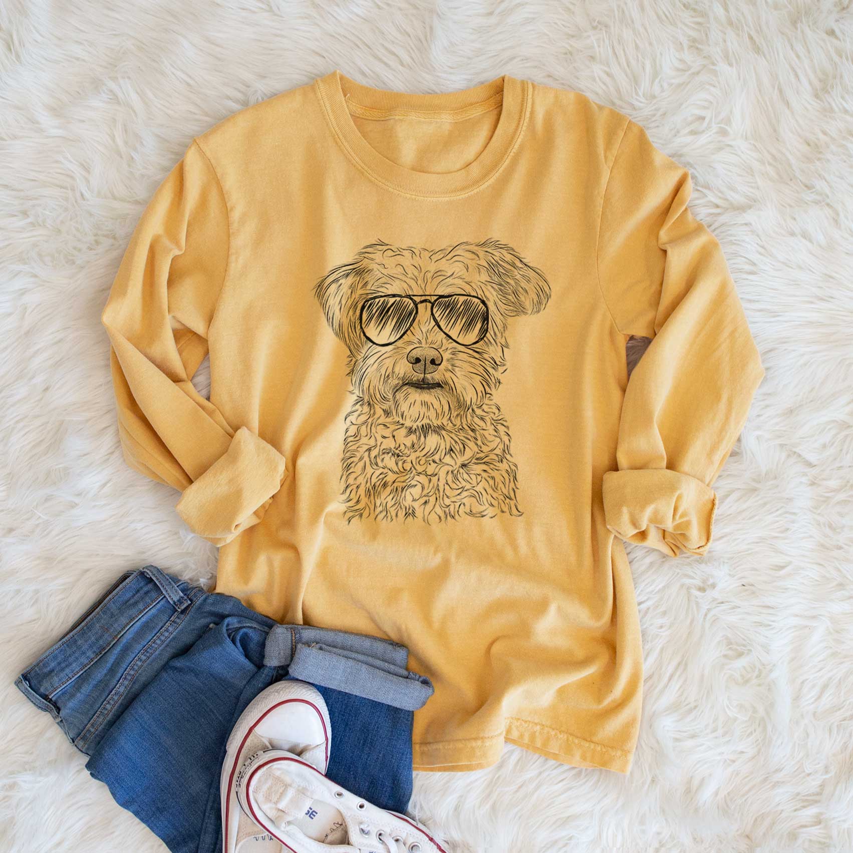 Aviator Rudy the Schnoodle - Men's Heavyweight 100% Cotton Long Sleeve