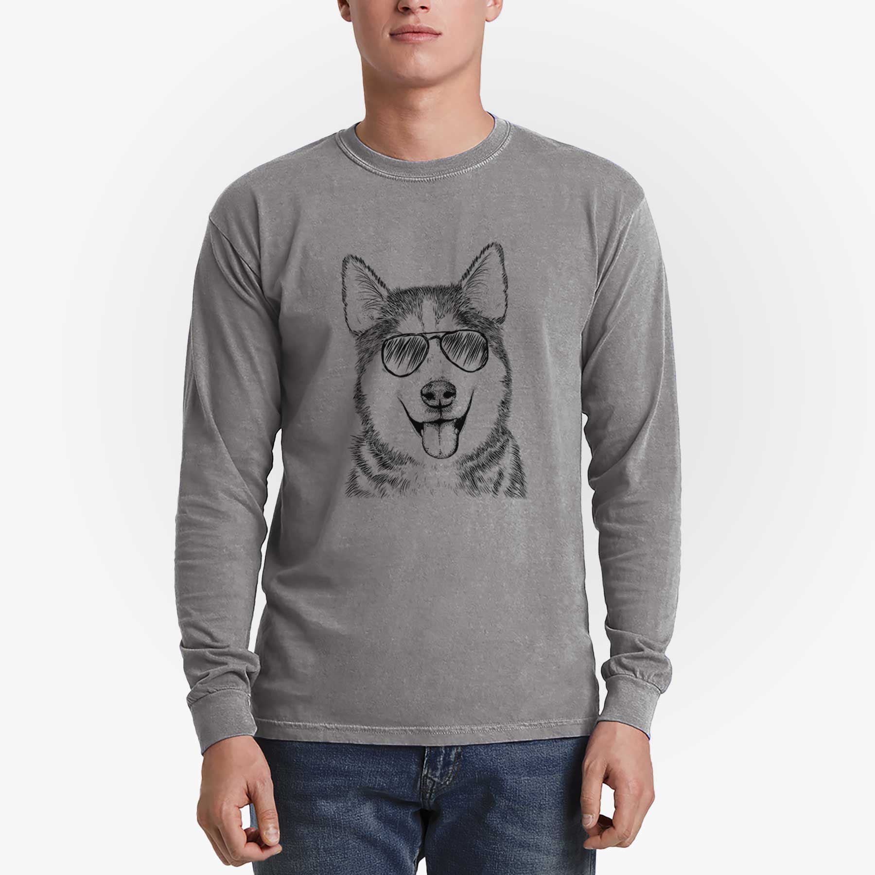 Aviator Sesi the Siberian Husky - Men's Heavyweight 100% Cotton Long Sleeve