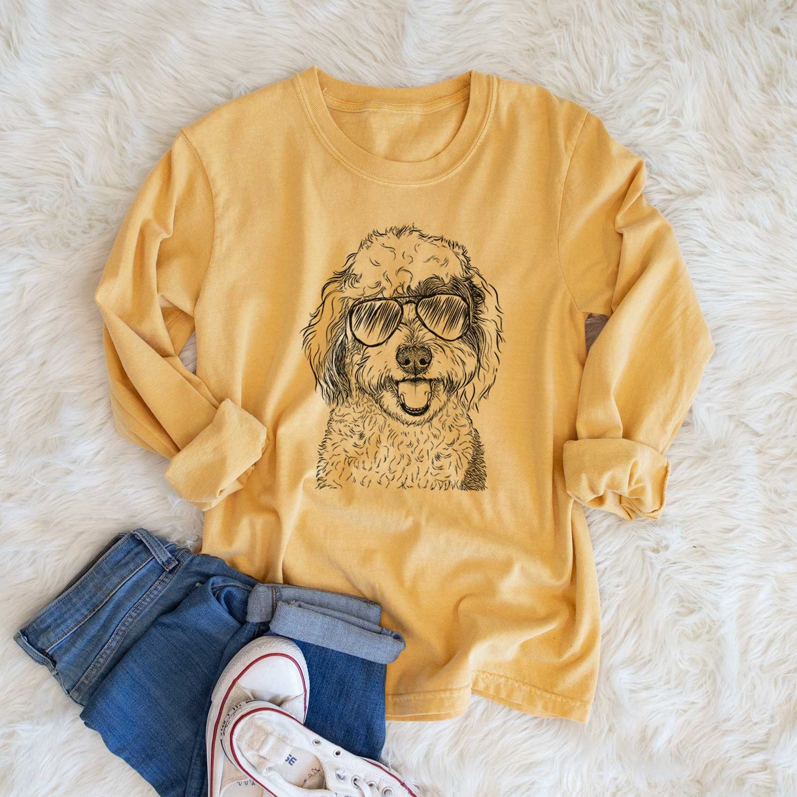 Aviator Sherlock the Sheepadoodle - Men's Heavyweight 100% Cotton Long Sleeve