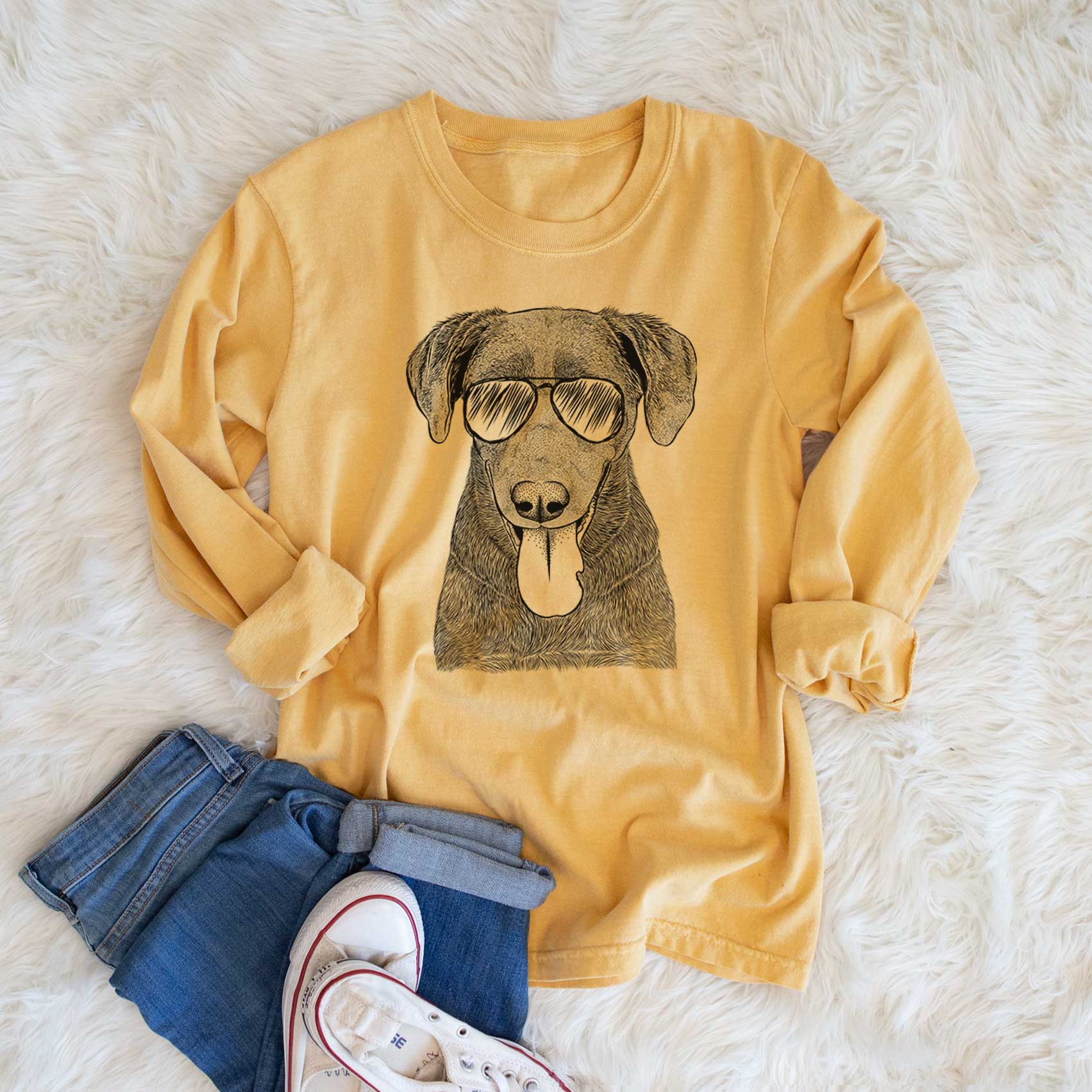 Aviator Tobes the Chocolate Lab - Men's Heavyweight 100% Cotton Long Sleeve