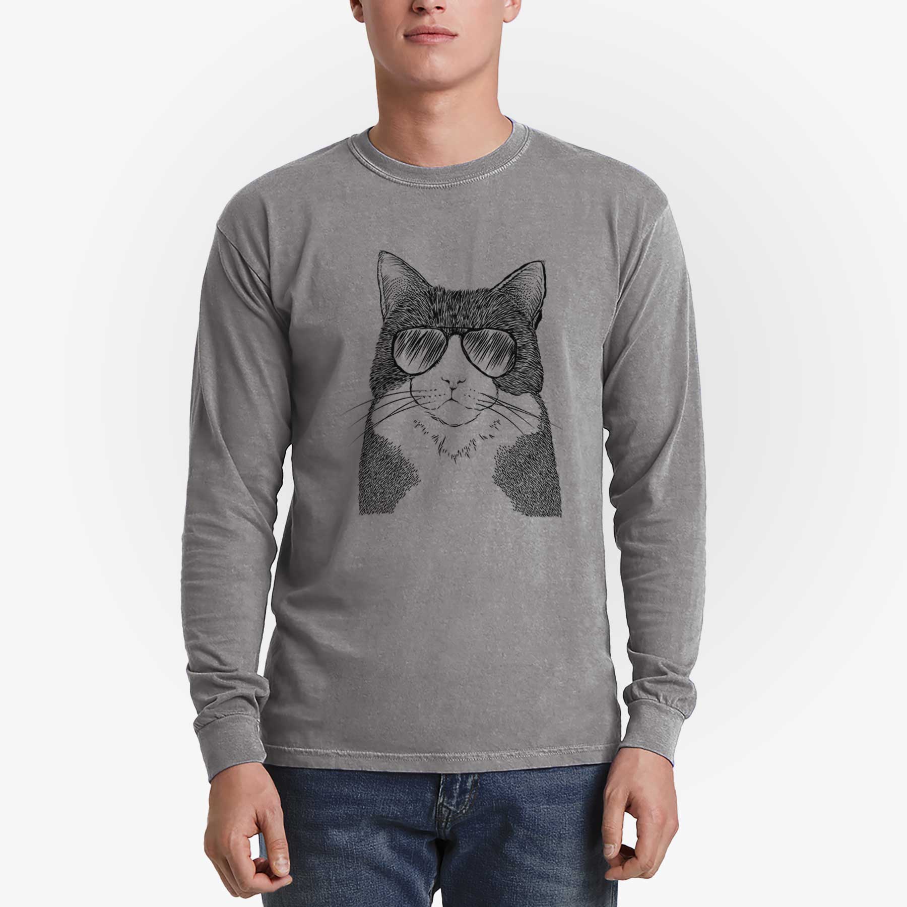 Aviator Tux the Tuxedo Cat - Men's Heavyweight 100% Cotton Long Sleeve