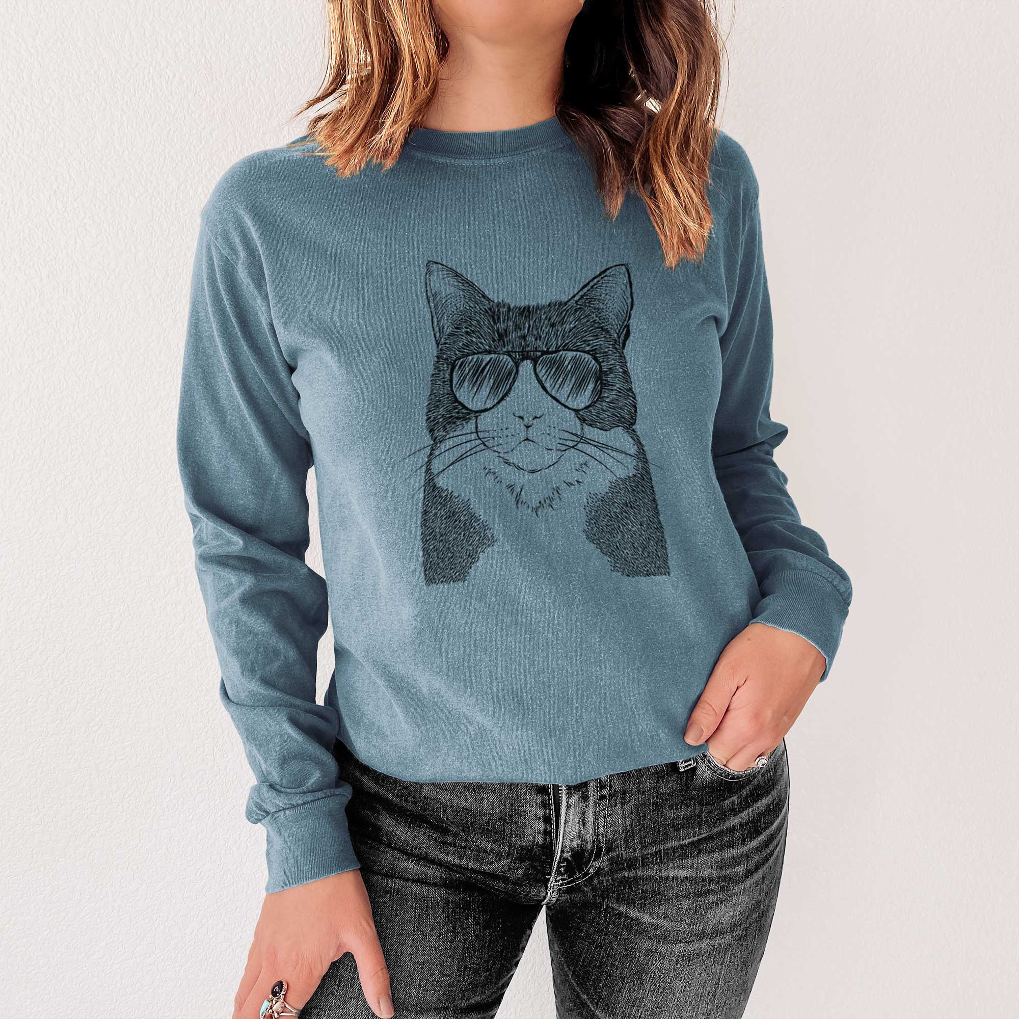 Aviator Tux the Tuxedo Cat - Men's Heavyweight 100% Cotton Long Sleeve