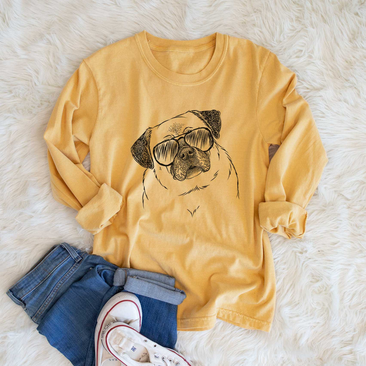 Aviator Zoey the Pug - Men's Heavyweight 100% Cotton Long Sleeve