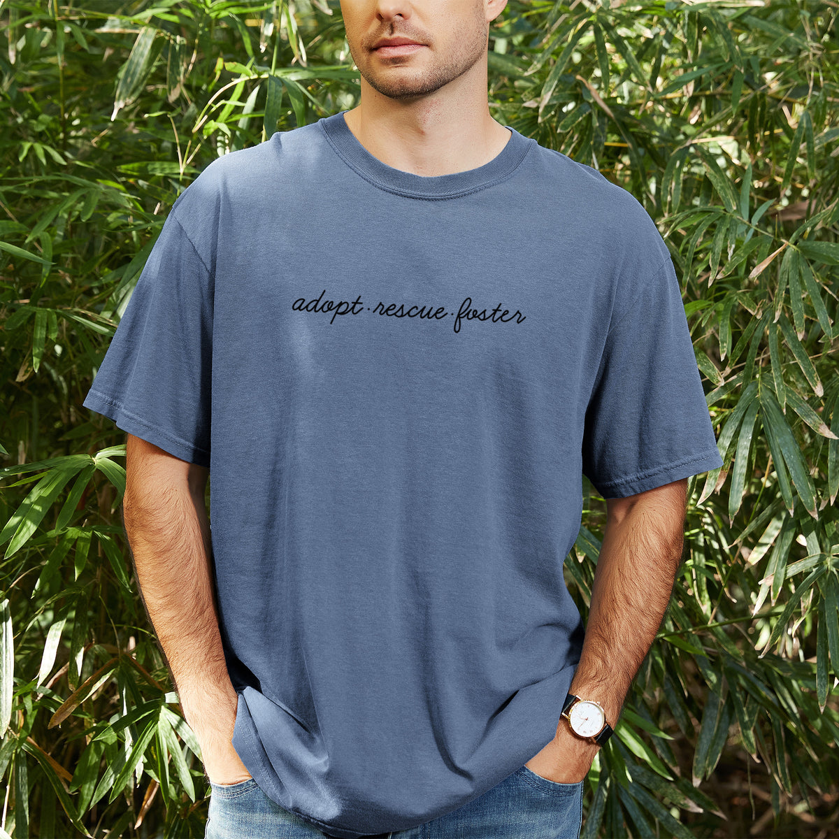 Adopt - Rescue - Foster - Unisex Comfort Colors Garment-Dyed Heavyweight T-shirt, worn by model