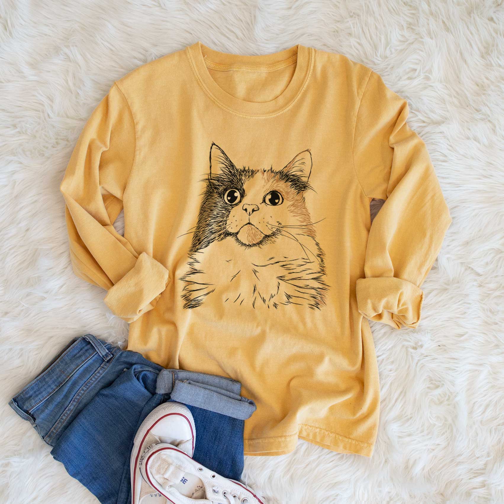 Bare Greta the Calico Cat - Men's Heavyweight 100% Cotton Long Sleeve