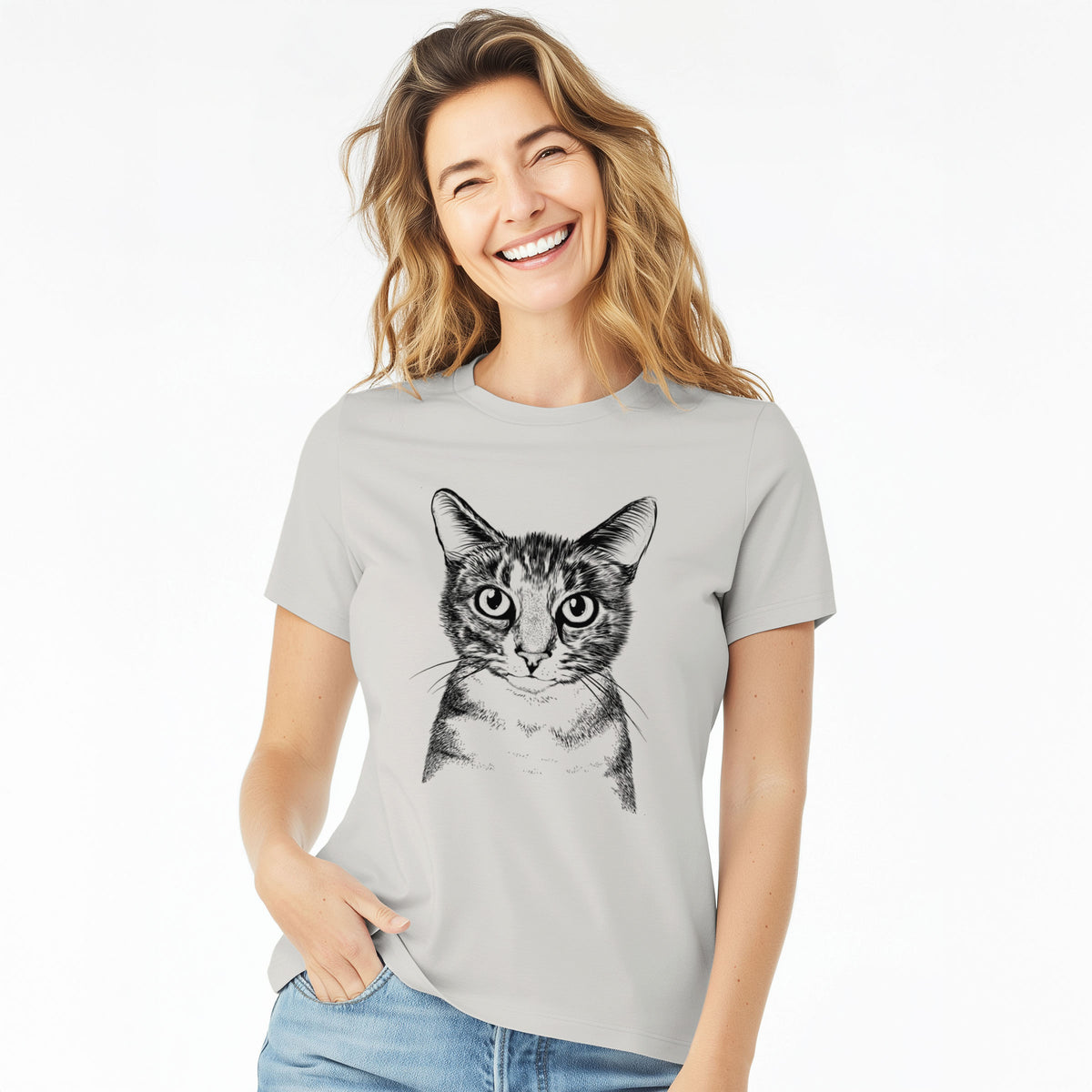 Bare Hobbes the Tabby Cat - Women's Lightweight Relaxed Fit 100% Cotton Crewneck