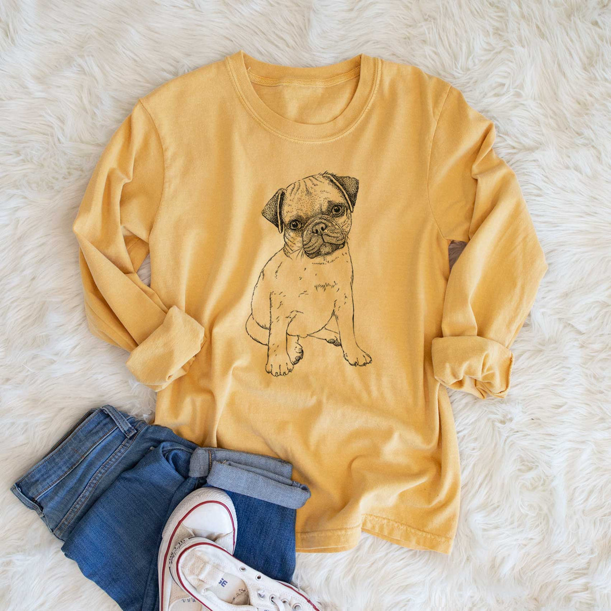 Bare Nelson the Pug Puppy - Men's Heavyweight 100% Cotton Long Sleeve