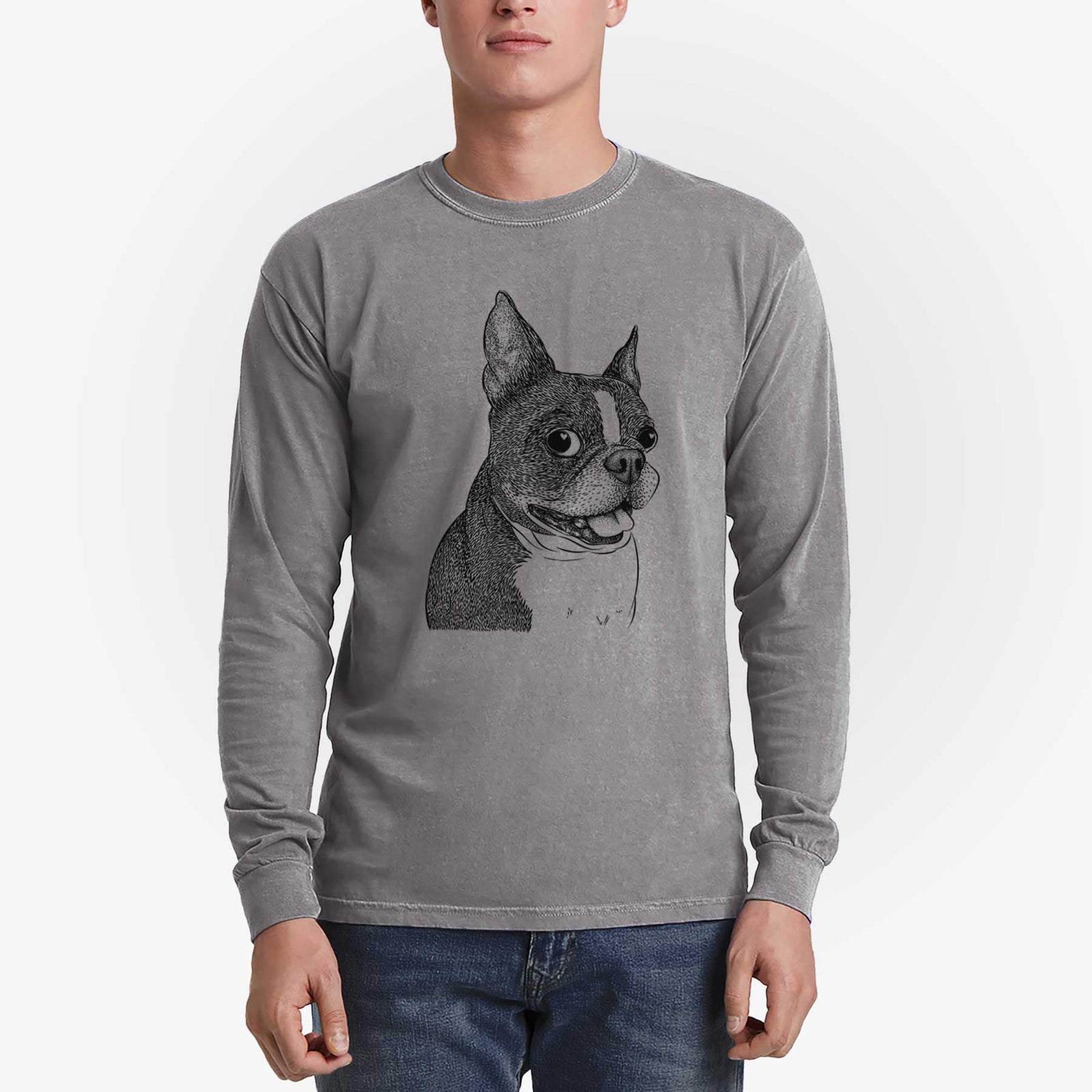 Bare Ralphie the Boston Terrier - Men's Heavyweight 100% Cotton Long Sleeve