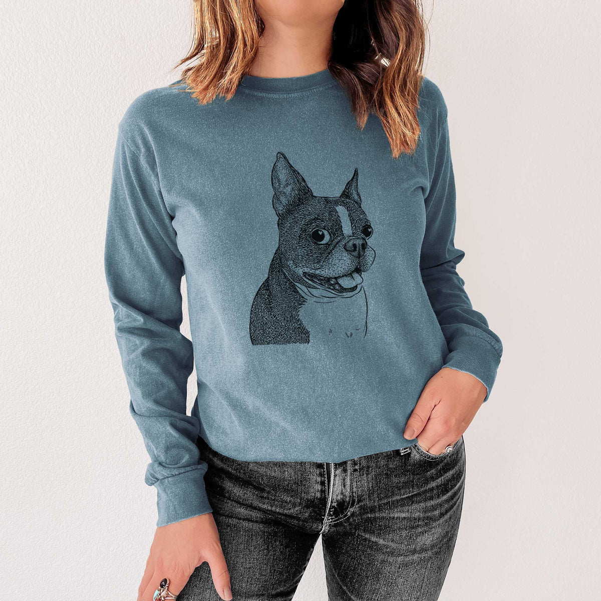 Bare Ralphie the Boston Terrier - Men's Heavyweight 100% Cotton Long Sleeve