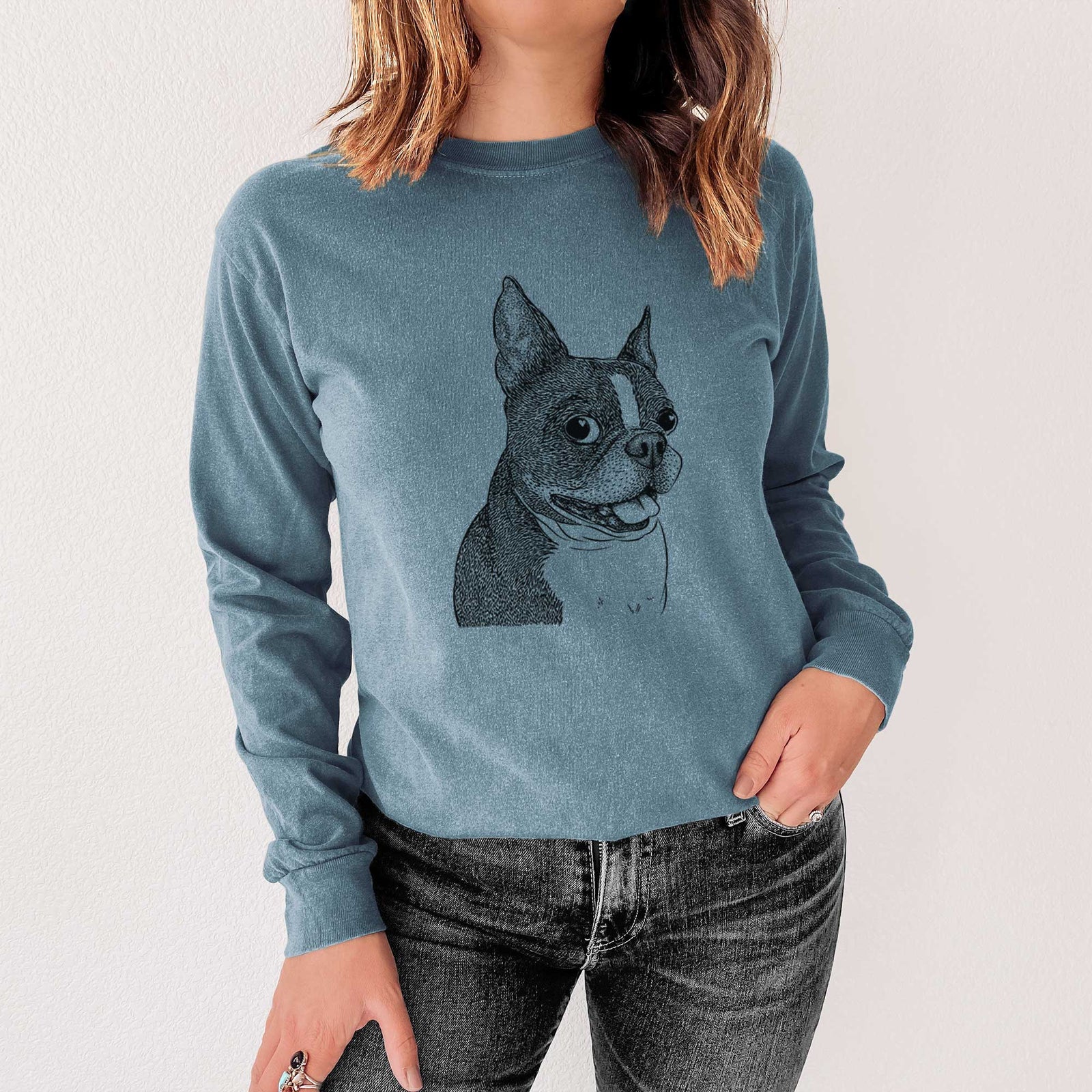 Bare Ralphie the Boston Terrier - Men's Heavyweight 100% Cotton Long Sleeve