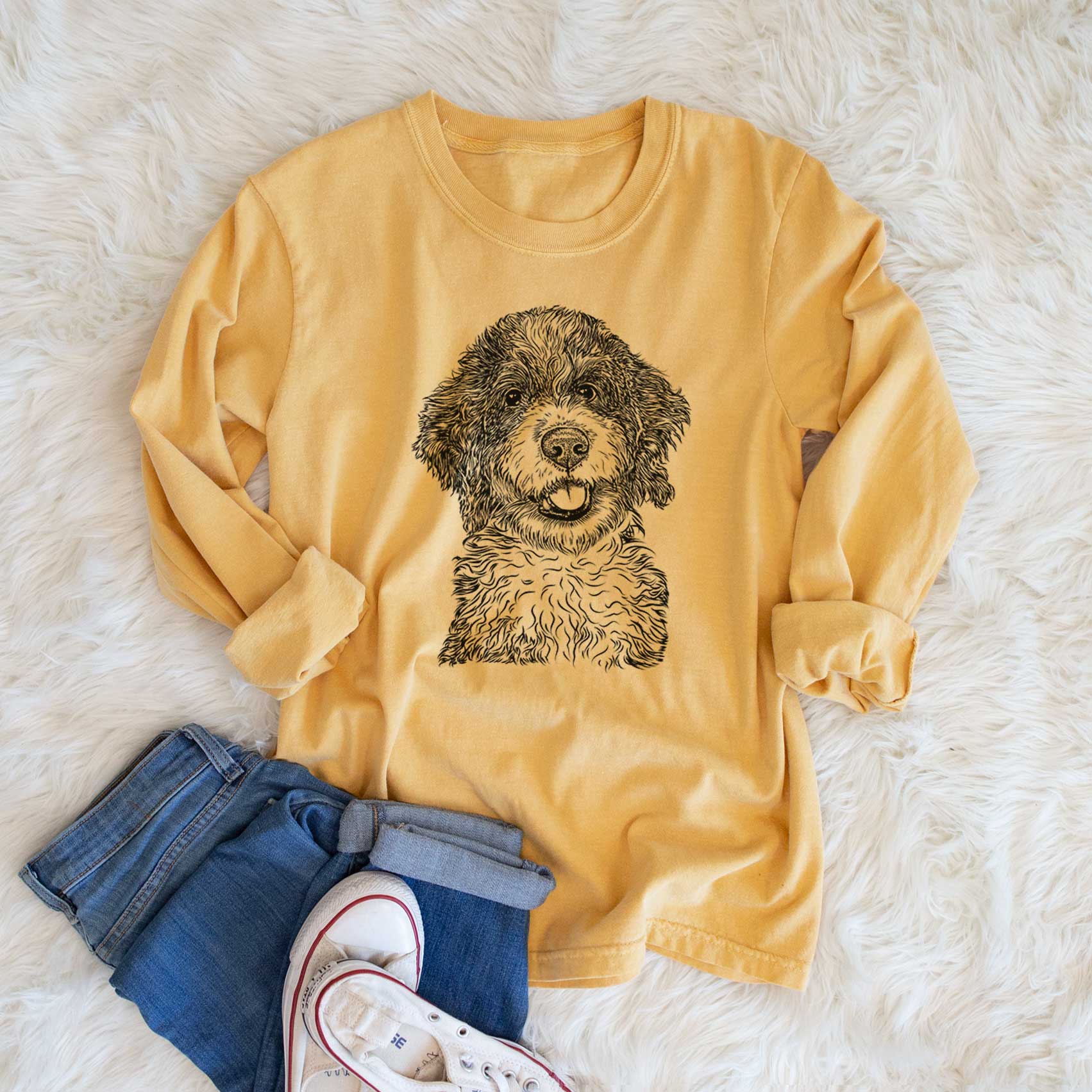 Bare Smoky the Bernedoodle Puppy - Men's Heavyweight 100% Cotton Long Sleeve