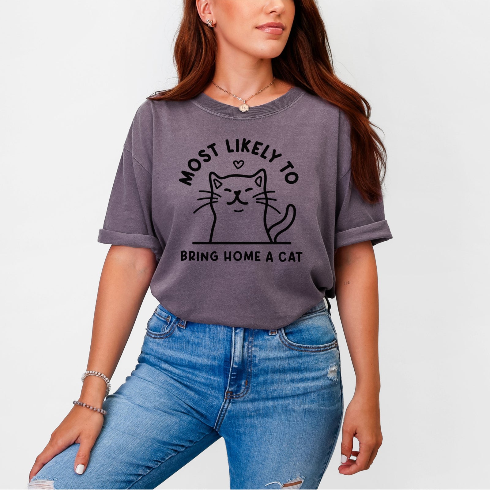 Most Likely to Bring Home a Cat - Unisex Comfort Colors Garment-Dyed Heavyweight T-shirt, worn by model