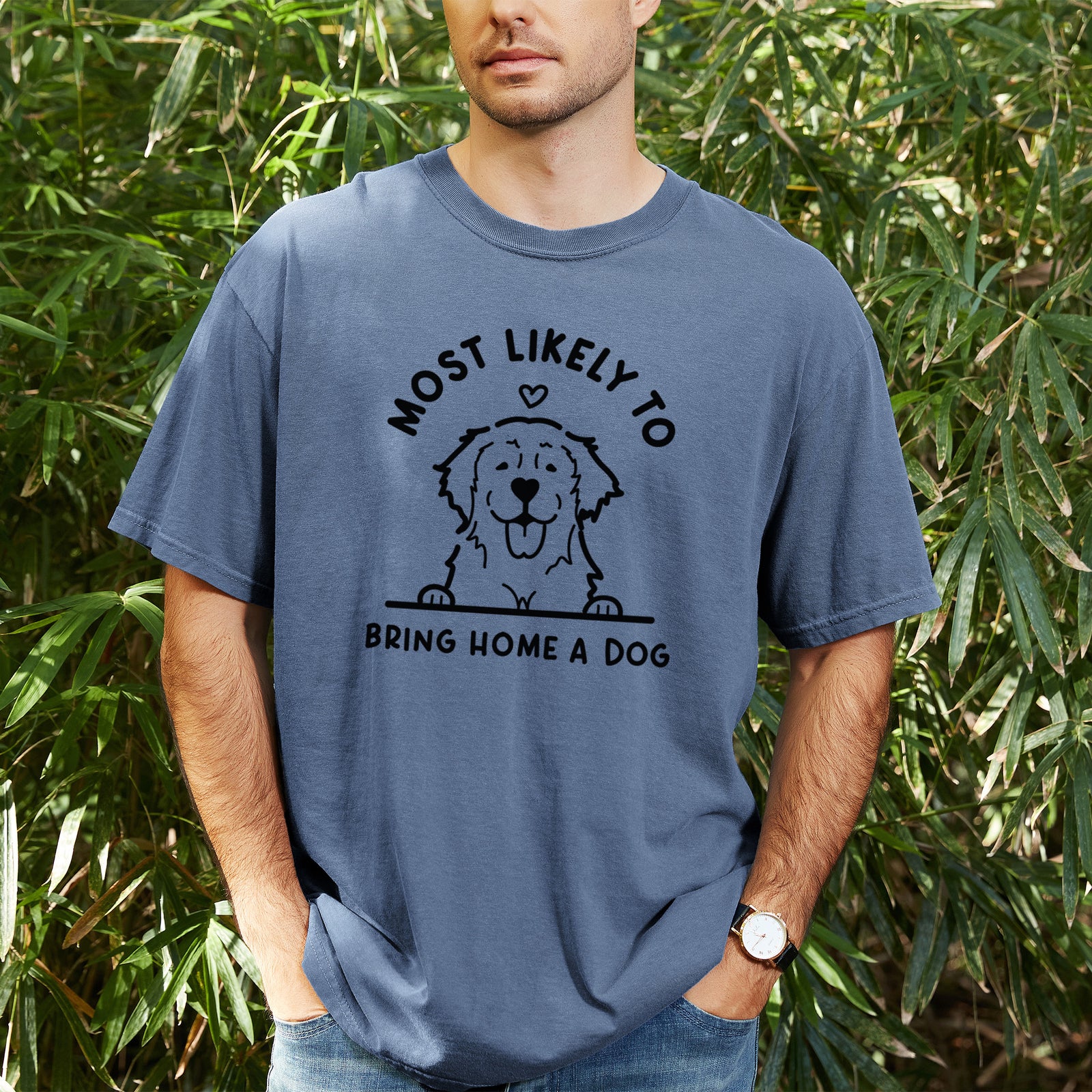 Most Likely to Bring Home a Dog - Golden Retriever - Unisex Comfort Colors Garment-Dyed Heavyweight T-shirt, worn by model